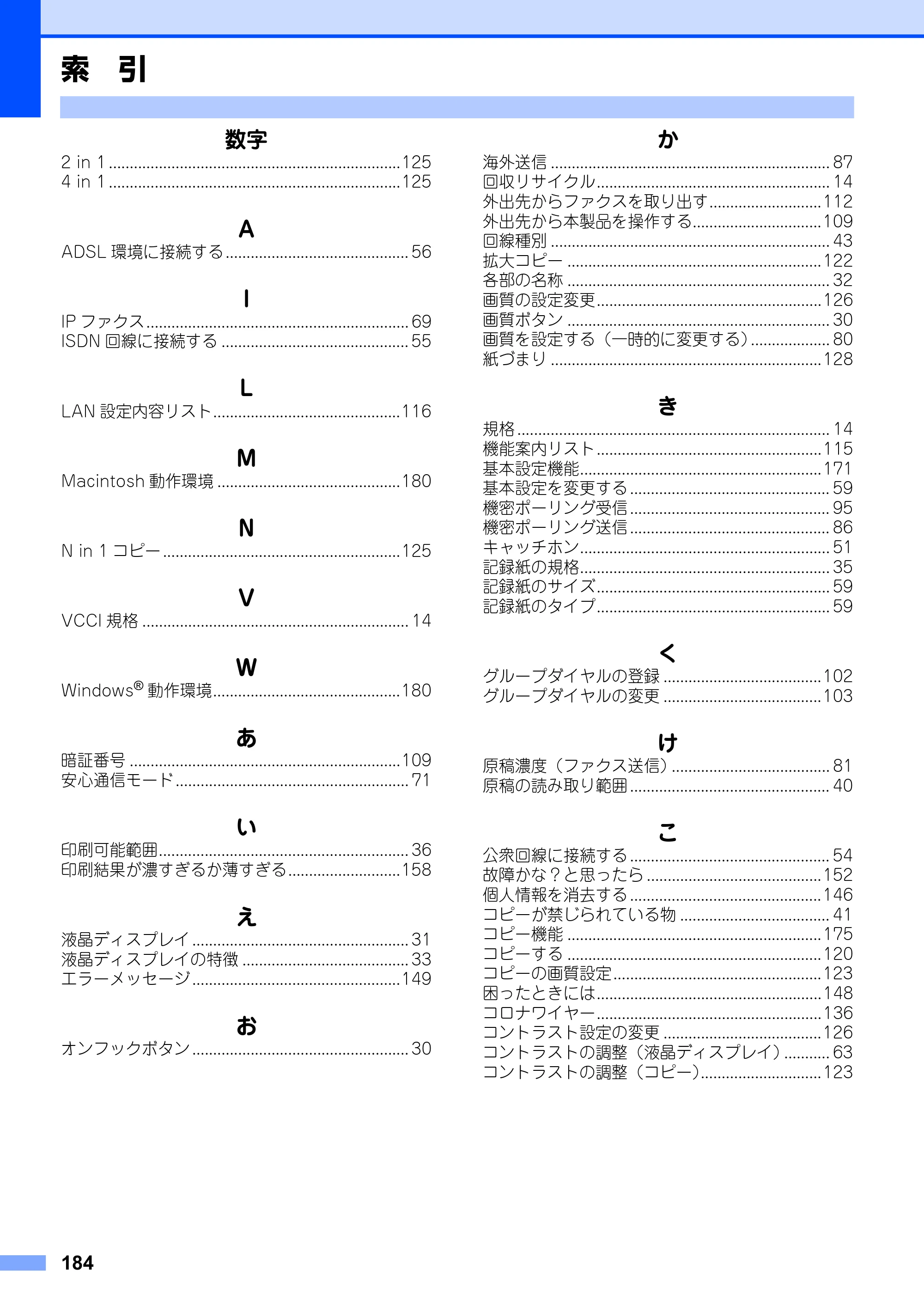 ブラザー FAX-2810N 取扱説明書（本体） — 索 引 — 原本ページ — 184ページ