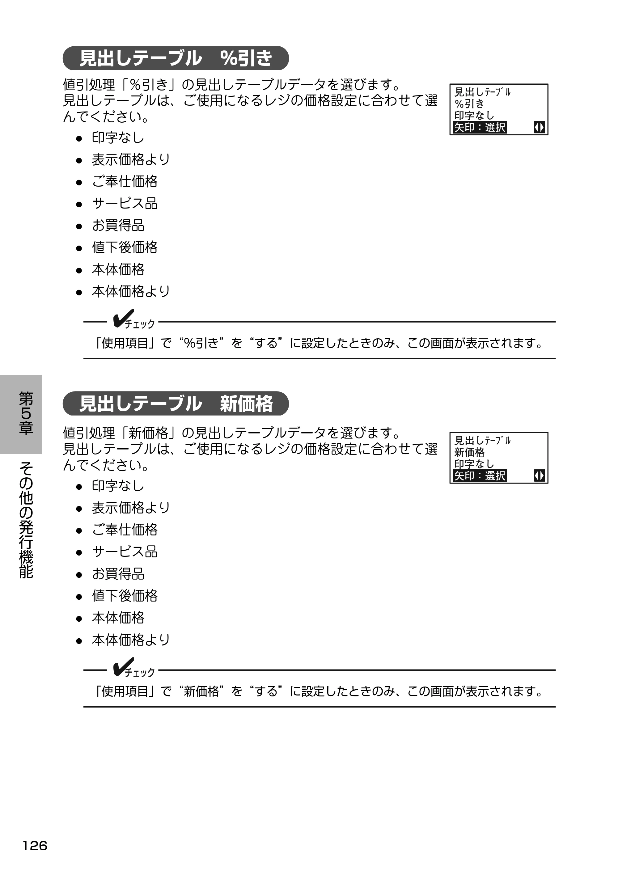 サトー Barlabe(バーラベ)FI212T / arlabe(バーラベ)FI212T 取扱説明書（第5版） — 見出しテーブル ％引き — 原本ページ — 127ページ