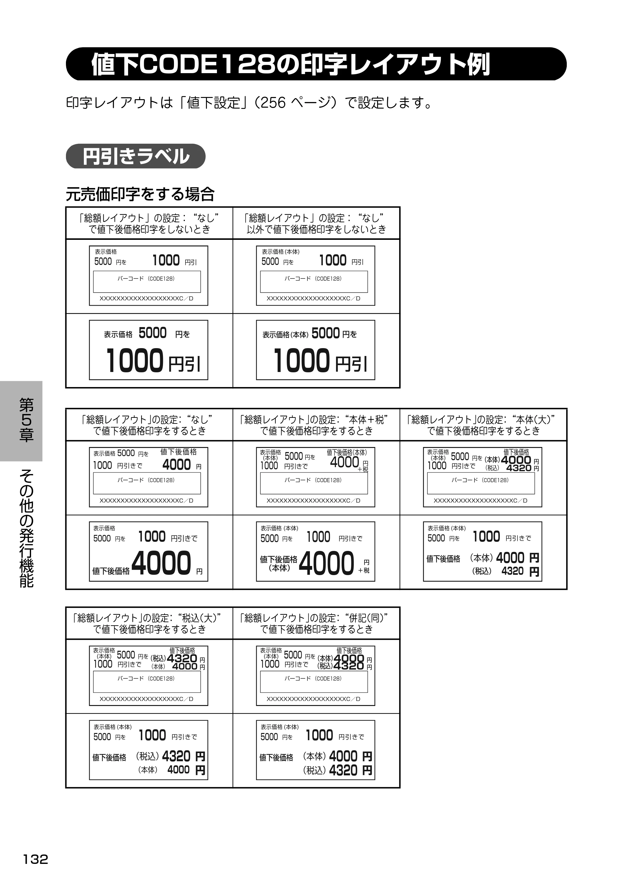 サトー Barlabe(バーラベ)FI212T / arlabe(バーラベ)FI212T 取扱説明書（第5版） — 値下CODE128の印字レイアウト例 — 原本ページ — 133ページ
