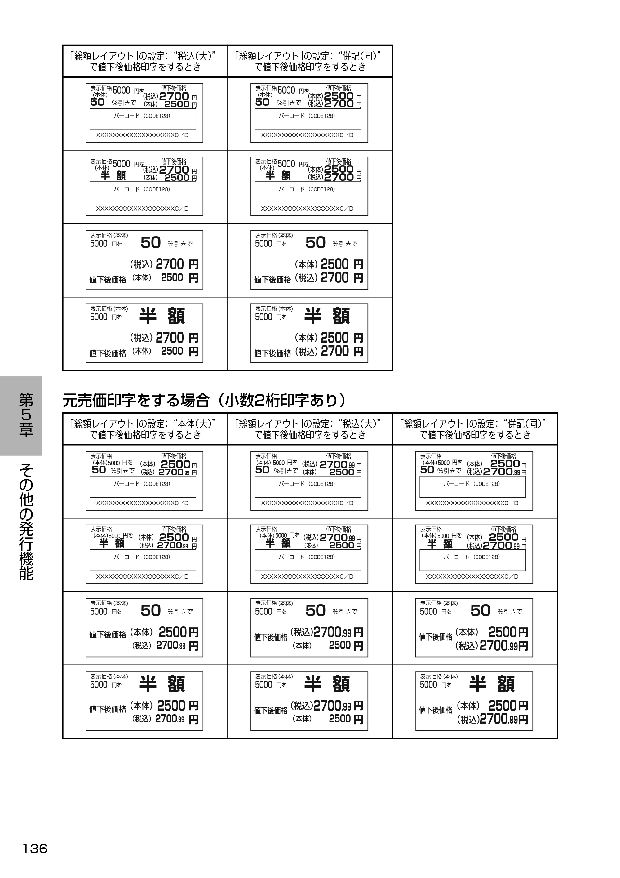 サトー Barlabe(バーラベ)FI212T / arlabe(バーラベ)FI212T 取扱説明書（第5版） — 元売価印字をする場合（小数2桁印字あり） — 原本ページ — 137ページ
