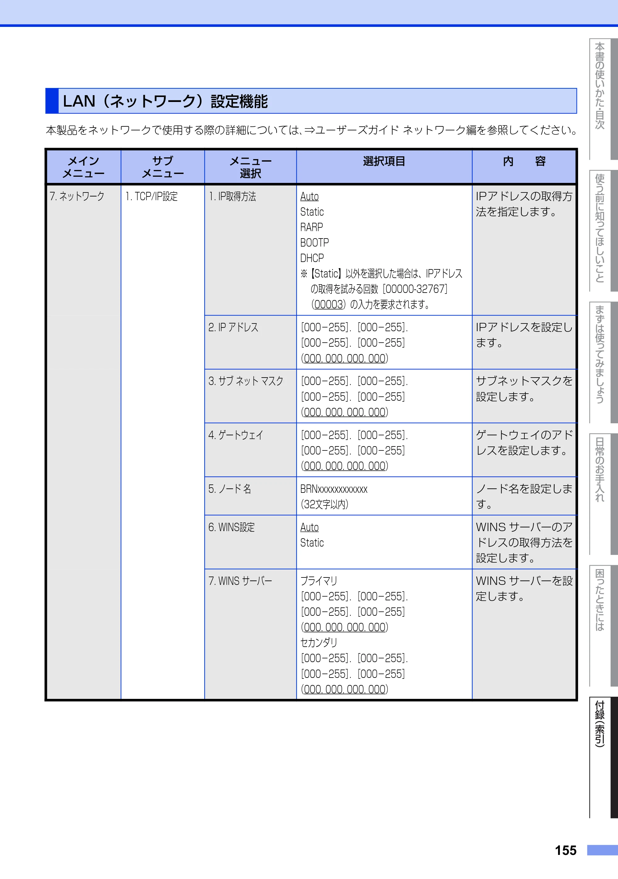 ブラザー MFC-8520DN ユーザーズガイド ～基本編～ — LAN（ネットワーク）設定機能 — 原本ページ — 155ページ