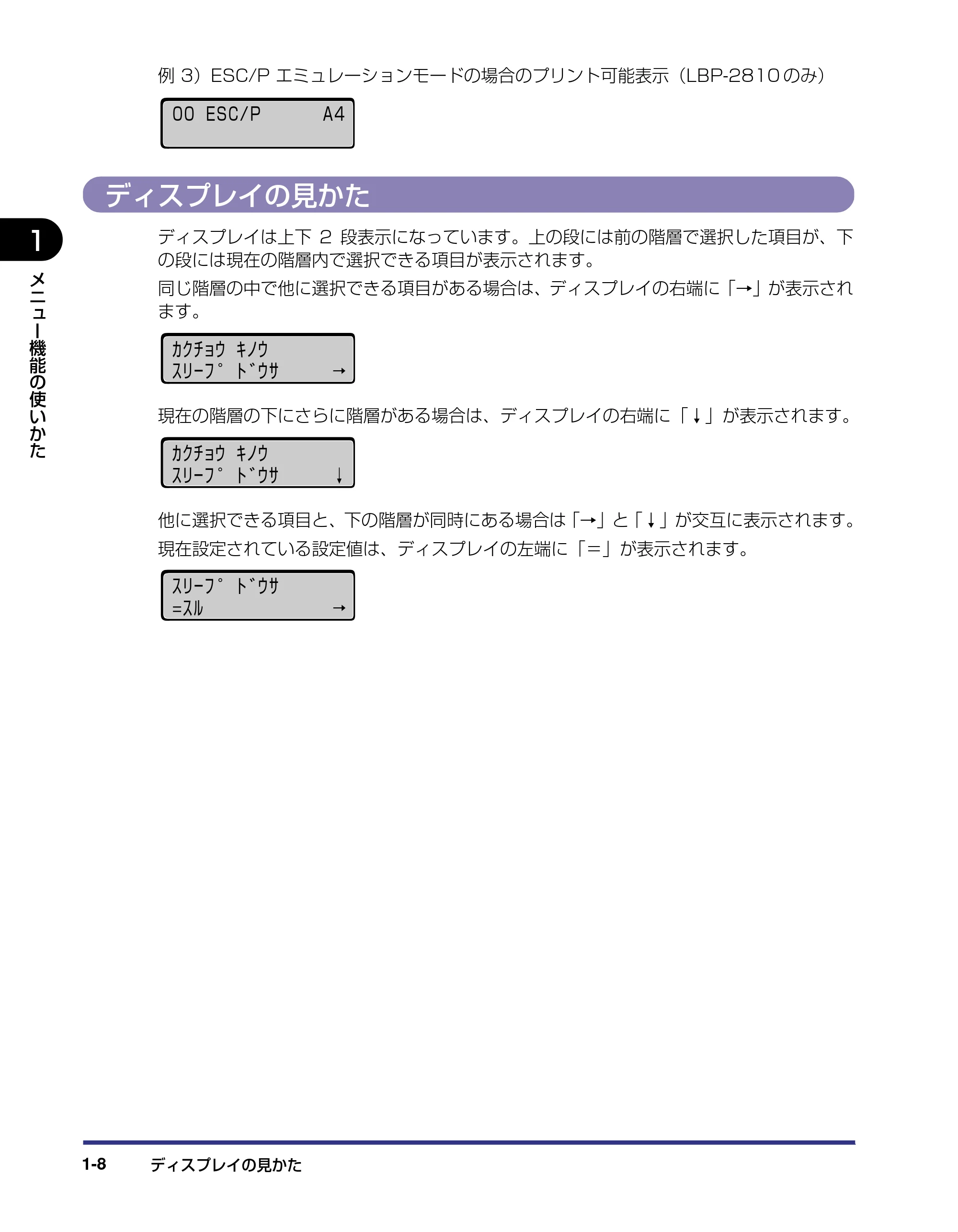 キヤノン LBP-2810 LIPS機能ガイド (PDF形式/2.02Mバイト) — ディスプレイの見かた — 原本ページ — 22ページ