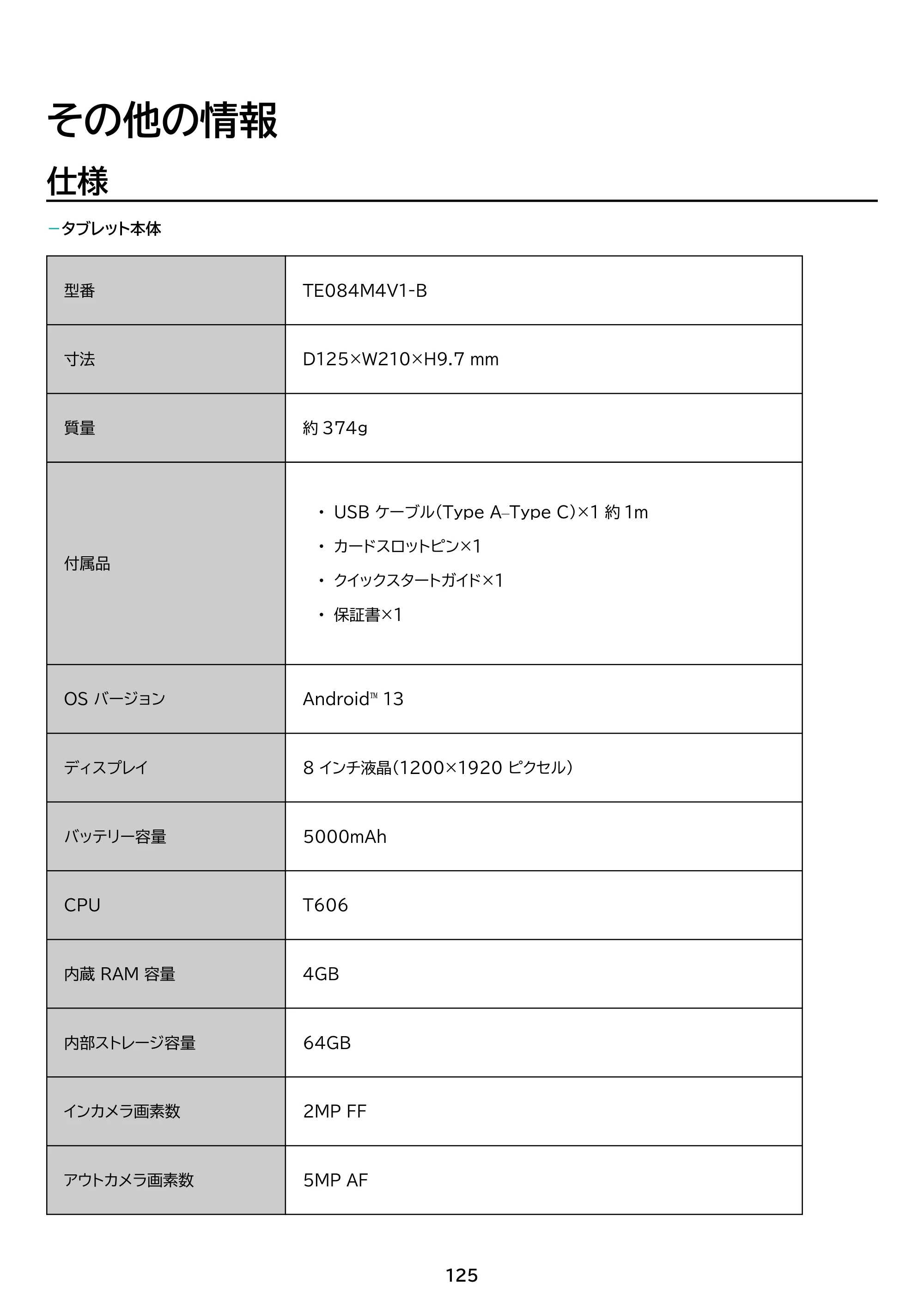 アイリスオーヤマ TE084M4V1-B 取扱説明書 — 原本ページ — 125ページ