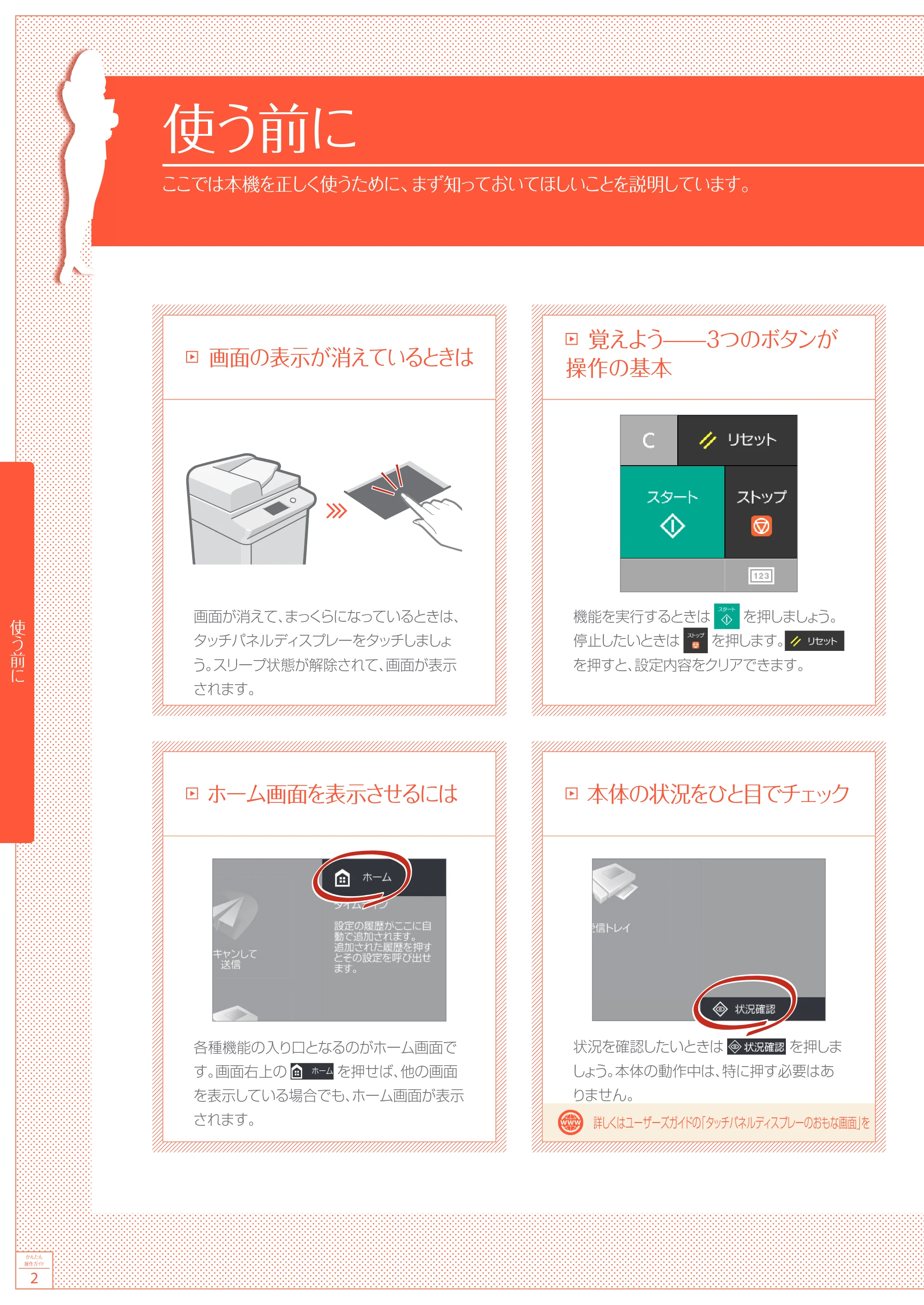 キヤノン A4機用) かんたん操作ガイド 2020年5月14日更新（PDF：6.38MB） — 使う前に — 原本ページ — 2ページ