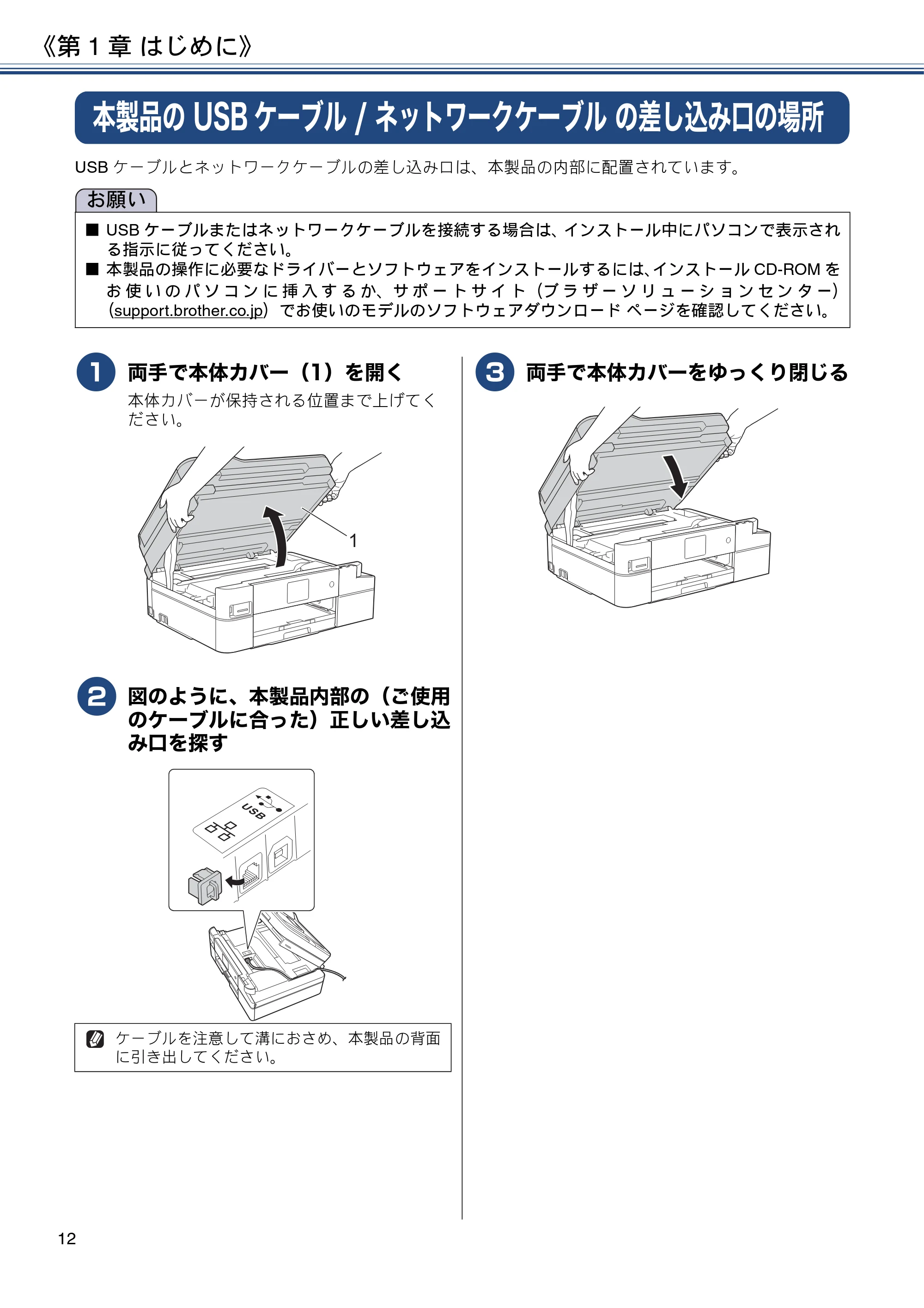 ブラザー DCP-J988N / MFC-J1500N / MFC-J1605DN ユーザーズガイド ~応用編~ — 本製品のUSBケーブル/ネットワークケーブルの差し込み口の場所 — 原本ページ — 12ページ