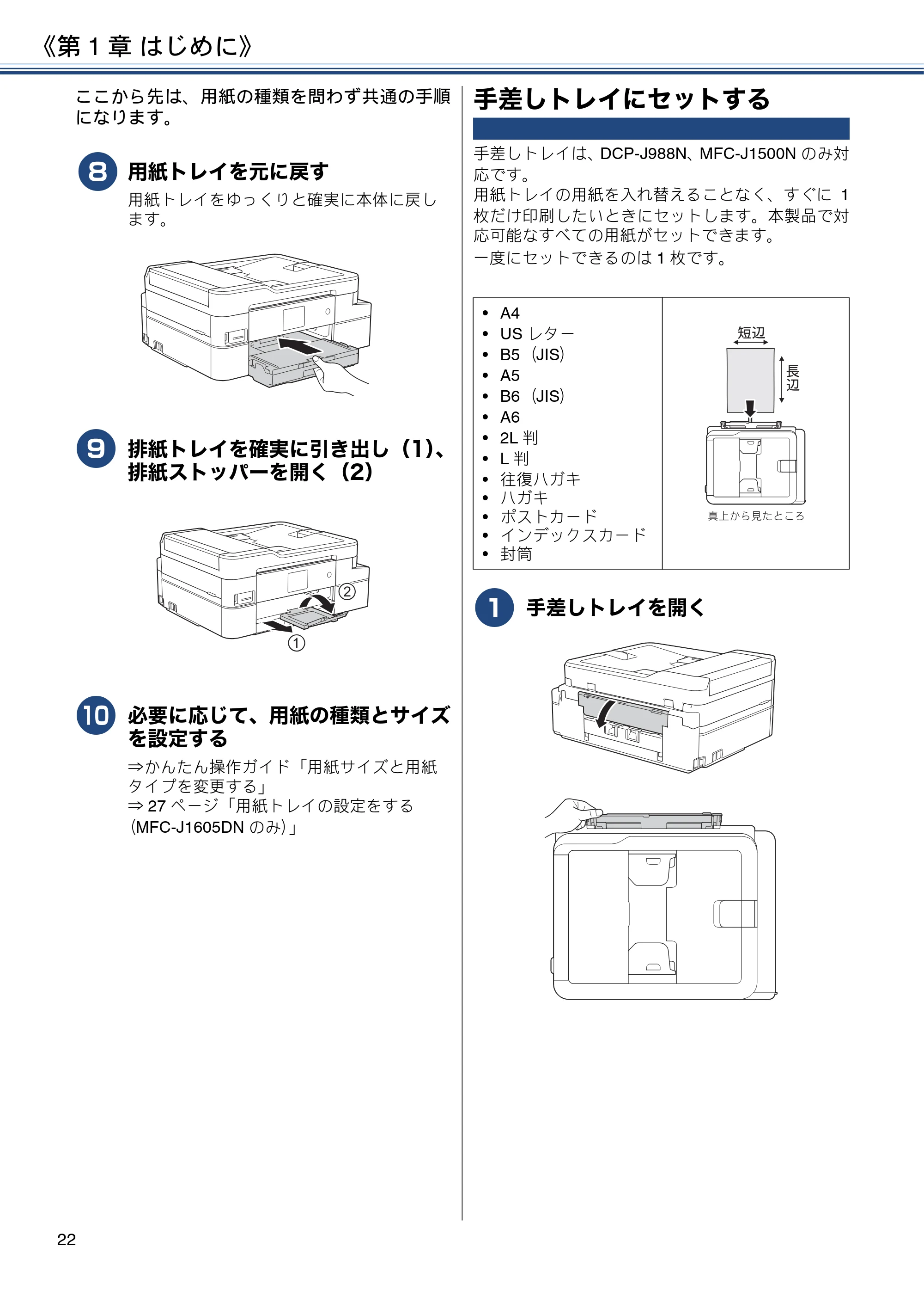 ブラザー DCP-J988N / MFC-J1500N / MFC-J1605DN ユーザーズガイド ~応用編~ — 手差しトレイにセットする — 原本ページ — 22ページ