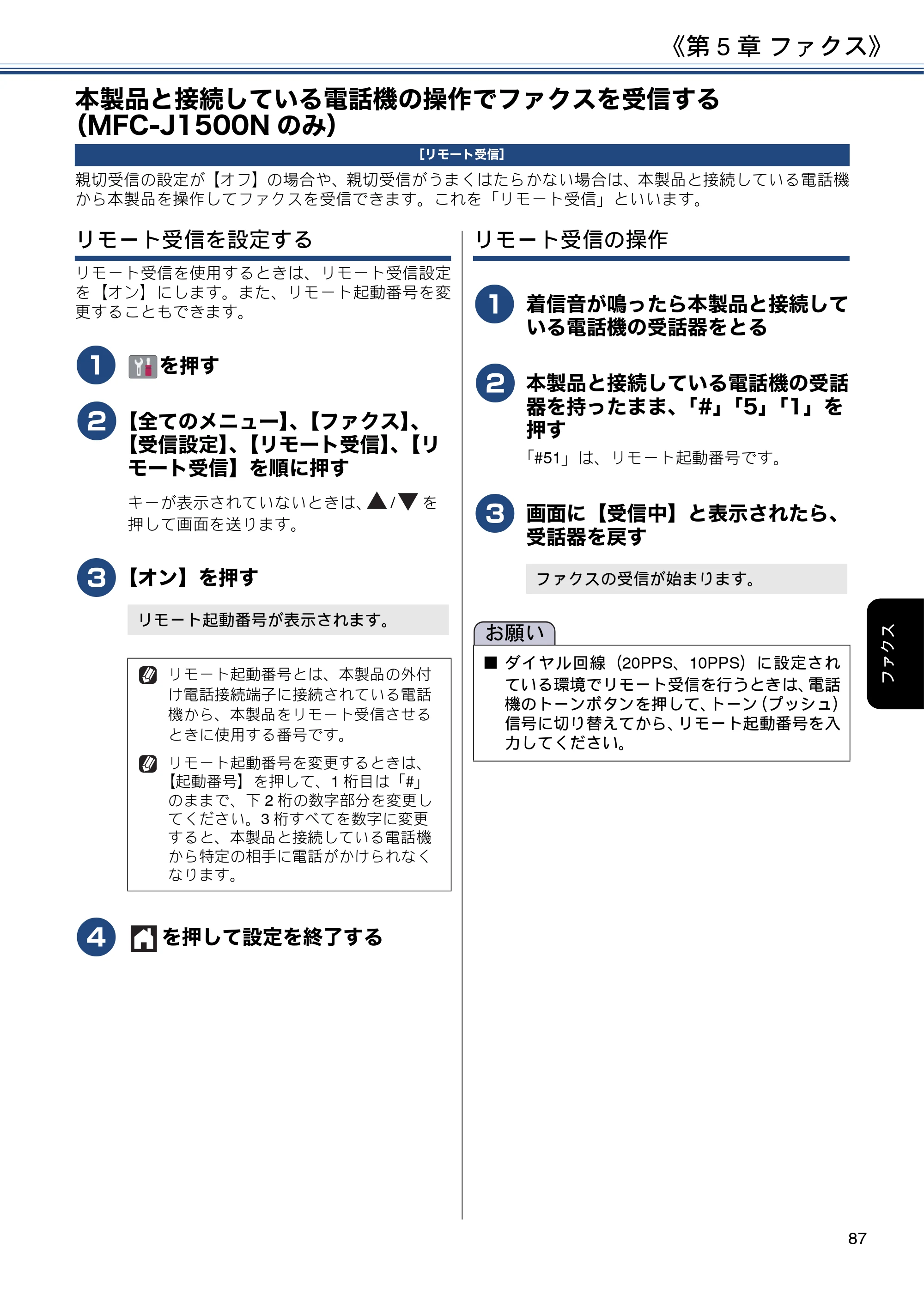 ブラザー DCP-J988N / MFC-J1500N / MFC-J1605DN ユーザーズガイド ～応用編～ — 本製品と接続している電話機の操作でファクスを受信する（MFC-J1500Nのみ） — 原本ページ — 87ページ