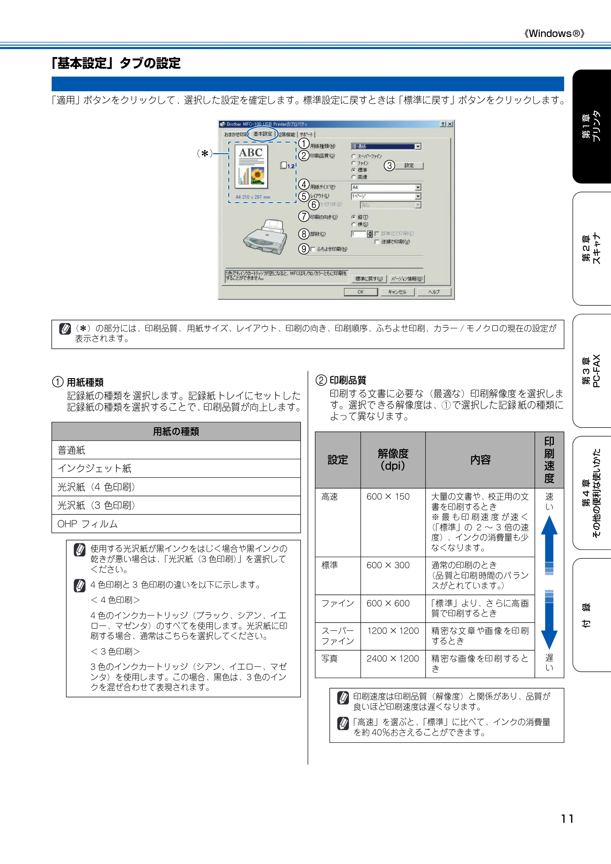 ブラザー MFC-100 ユーザーズガイド ~パソコン活用編~ — 「基本設定」タブの設定 — 原本ページ — 12ページ