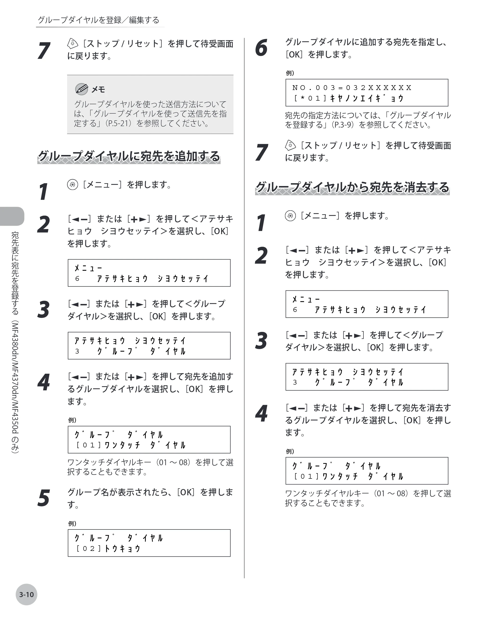 キヤノン MF4380dn/MF4370dn/MF4350d/MF4330d/D450 基本操作ガイド 2010年5月13日更新 （PDF形式／14.2Mバイト） — グループダイヤルに宛先を追加する — 原本ページ — 69ページ