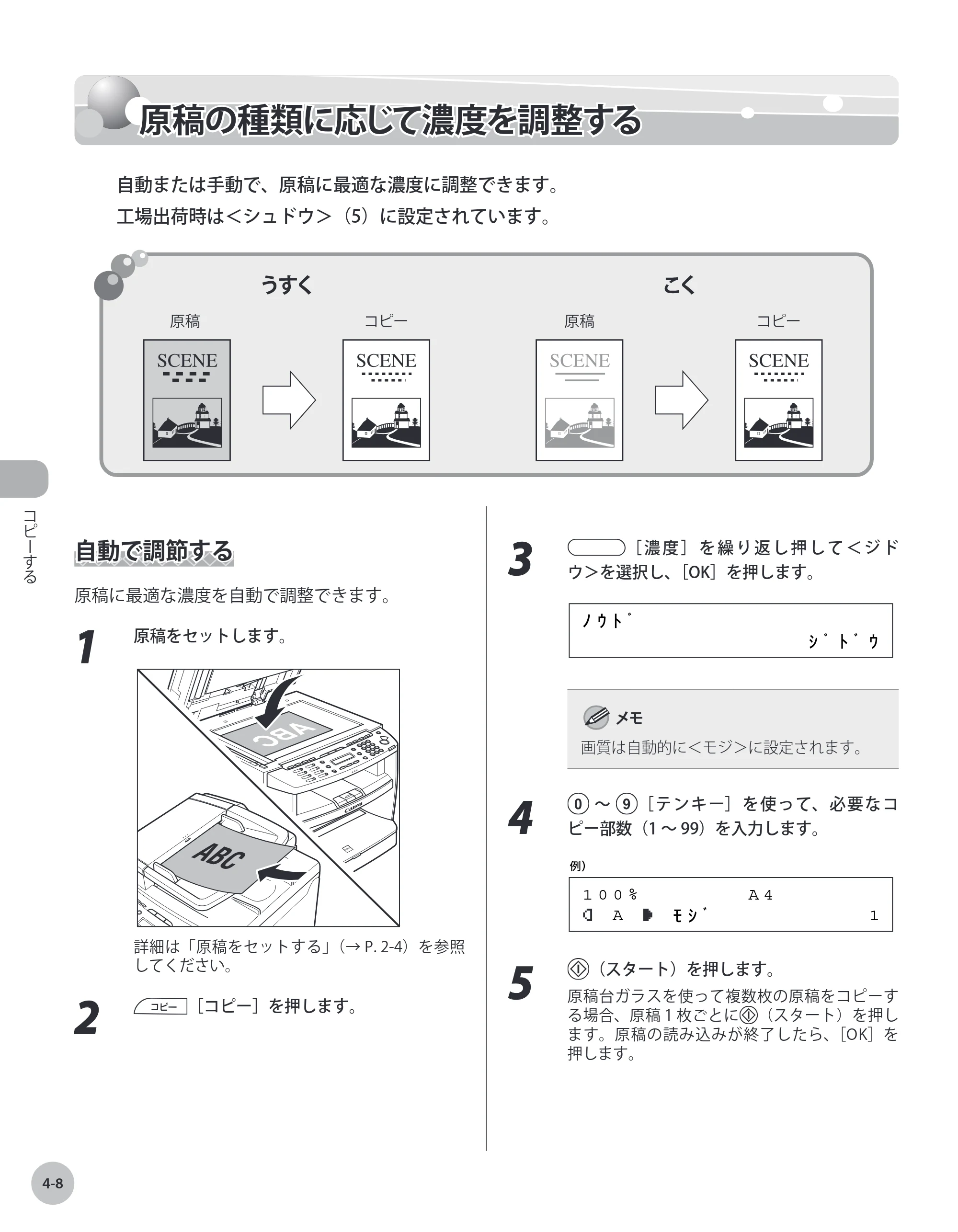 キヤノン MF4380dn/MF4370dn/MF4350d/MF4330d/D450 基本操作ガイド 2010年5月13日更新 （PDF形式／14.2Mバイト） — 原稿の種類に応じて濃度を調整する — 原本ページ — 79ページ