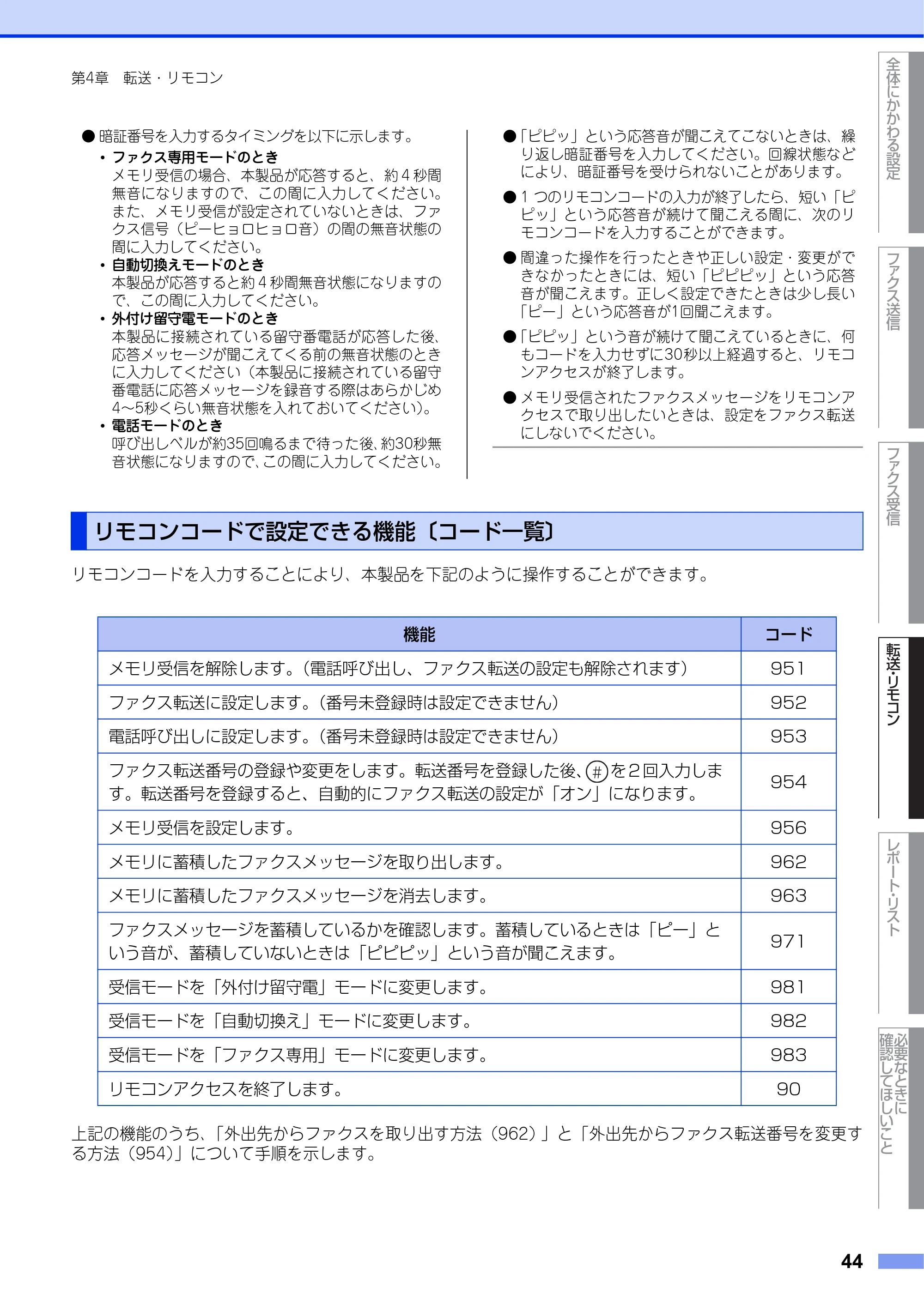 ブラザー FAX-2840 ユーザーズガイド ~応用編~ — リモコンコードで設定できる機能〔コード一覧〕 — 原本ページ — 44ページ