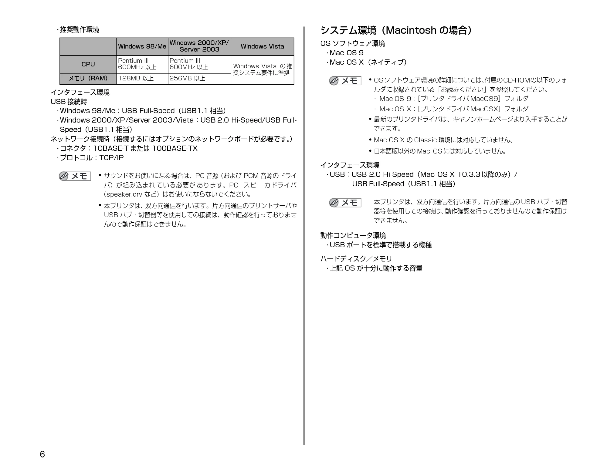 キヤノン LBP3300 設置時にお読みください 2007年7月9日更新 (PDF形式/3.01Mバイト) — システム環境(Macintoshの場合) — 原本ページ — 6ページ