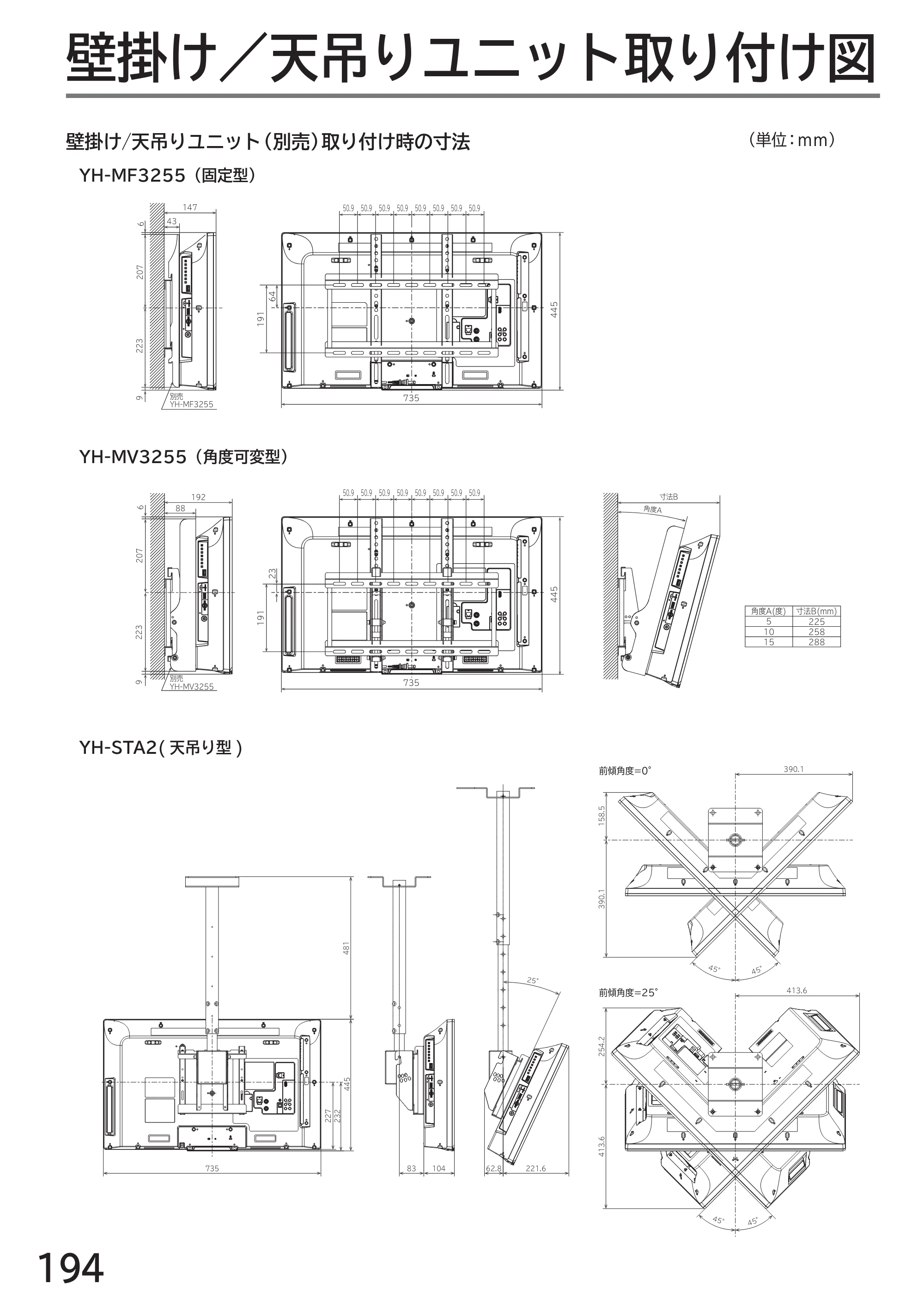 日立 L32-GP35A 取扱説明書 — 壁掛け／天吊りユニット取り付け図 — 原本ページ — 194ページ