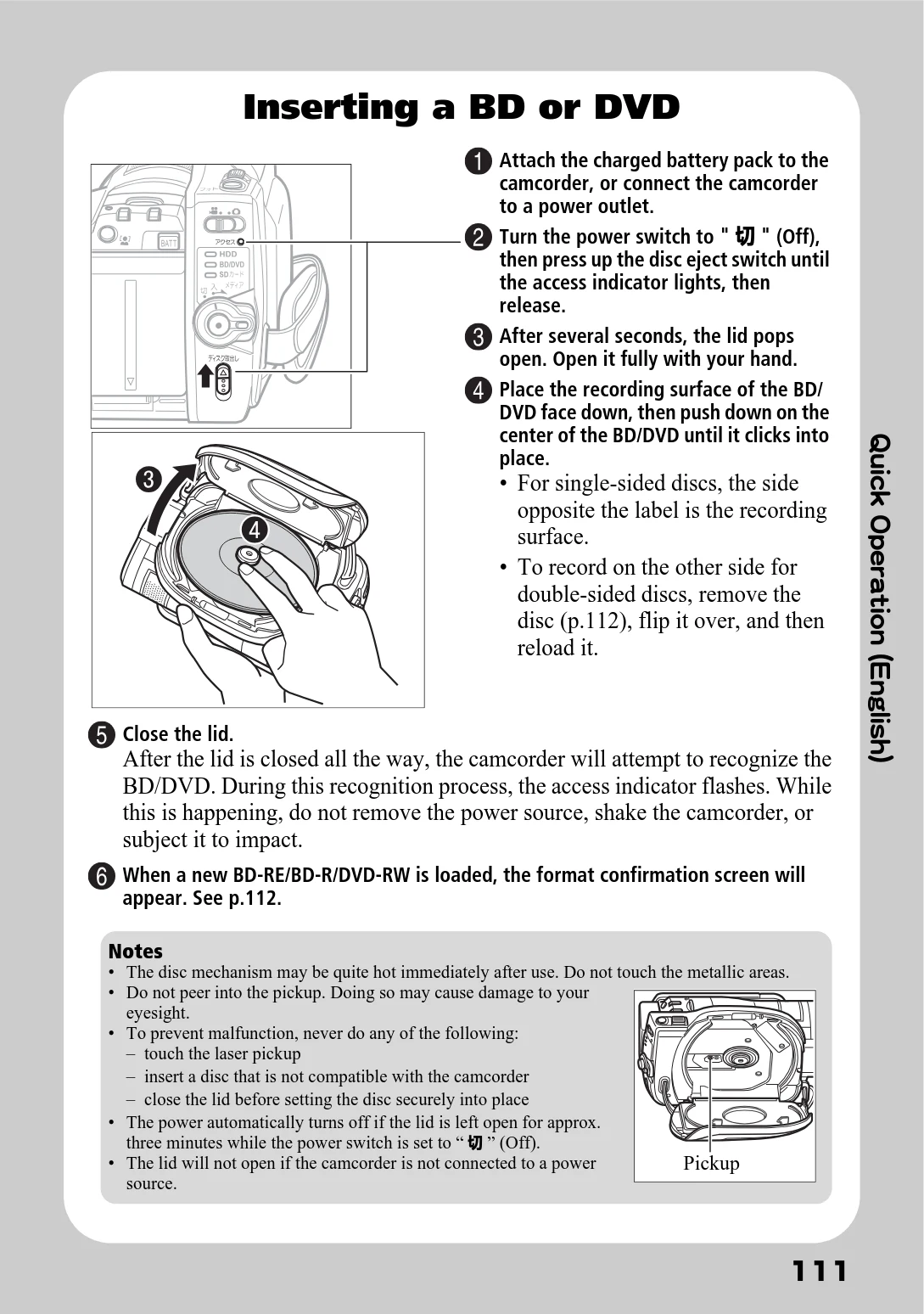 日立 DZ-BD10H 取扱説明書 — Inserting a BD or DVD — 図版 60-1 — 60ページ