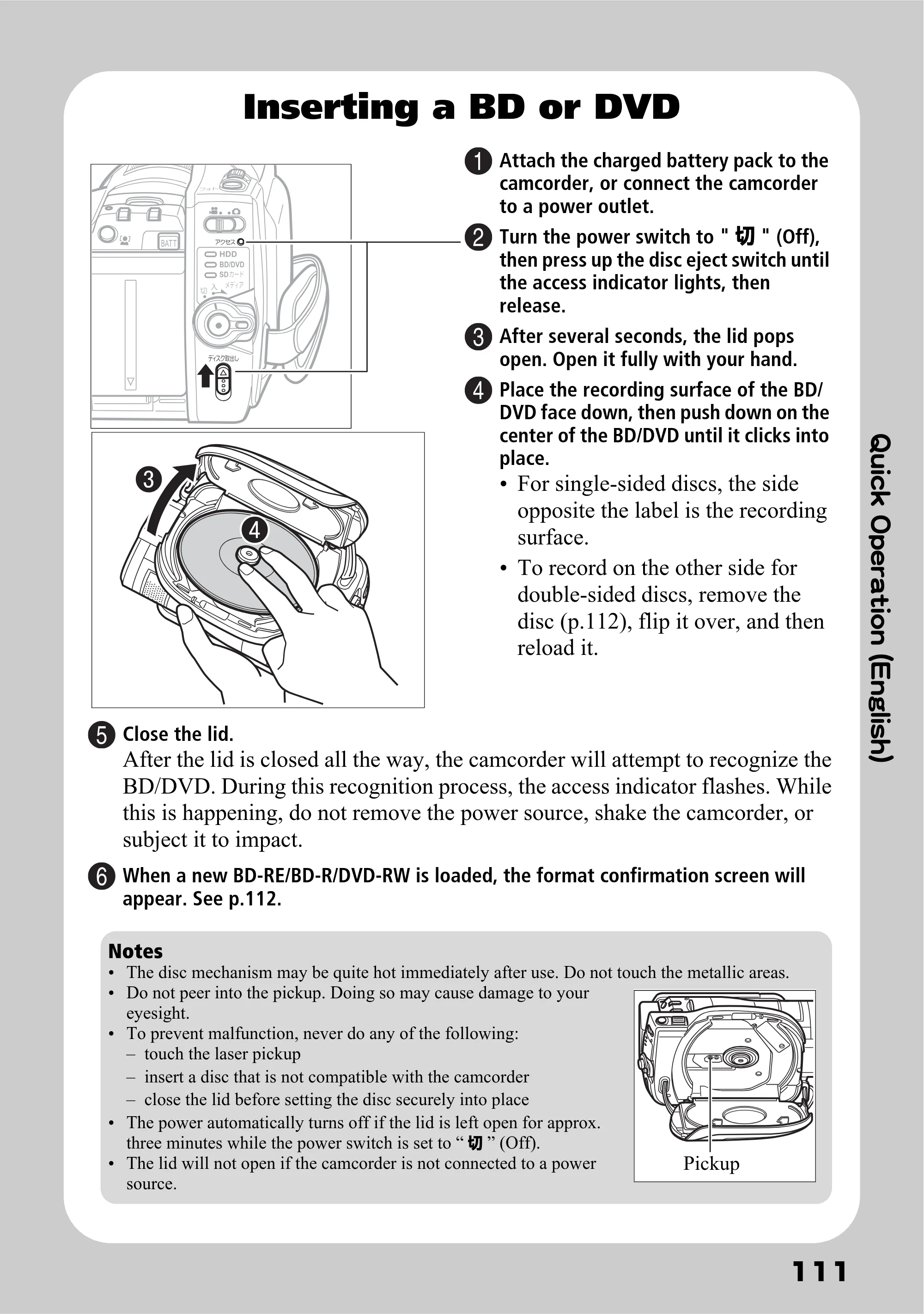 日立 DZ-BD10H 取扱説明書 — Inserting a BD or DVD — 原本ページ — 60ページ