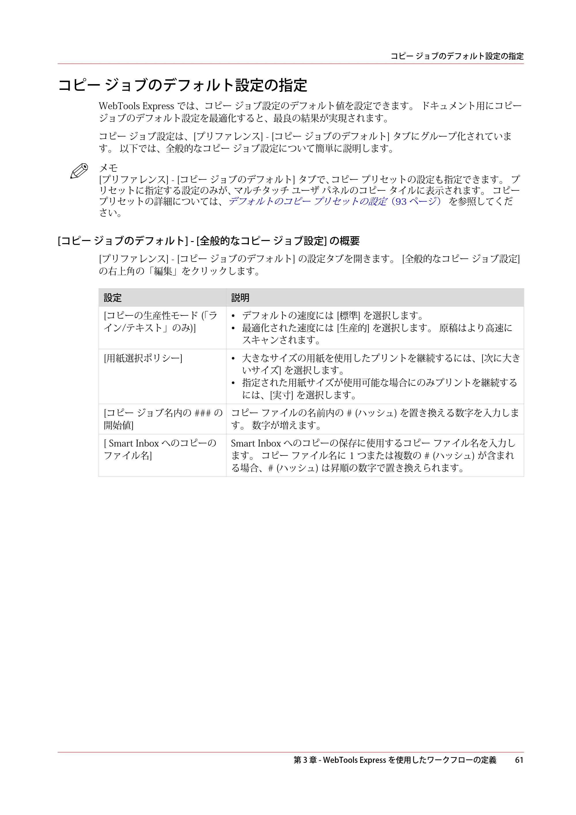 キヤノン PlotWave 3500 操作ガイド 2021年10月2日掲載 （PDF形式／11.7Mバイト） — コピー ジョブのデフォルト設定の指定 — 原本ページ — 61ページ