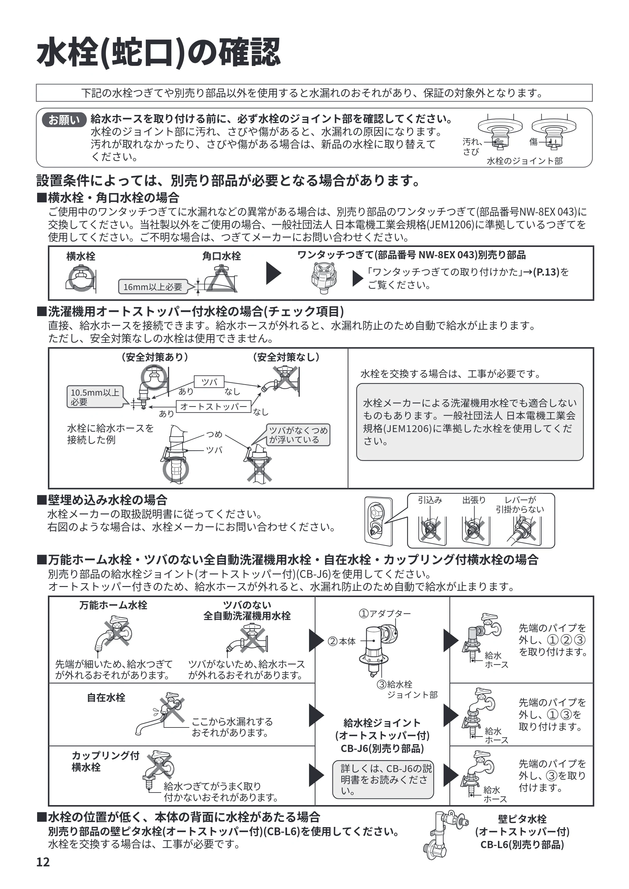 日立 BW-X120P 据付説明書 — 水栓(蛇口)の確認 — 原本ページ — 12ページ