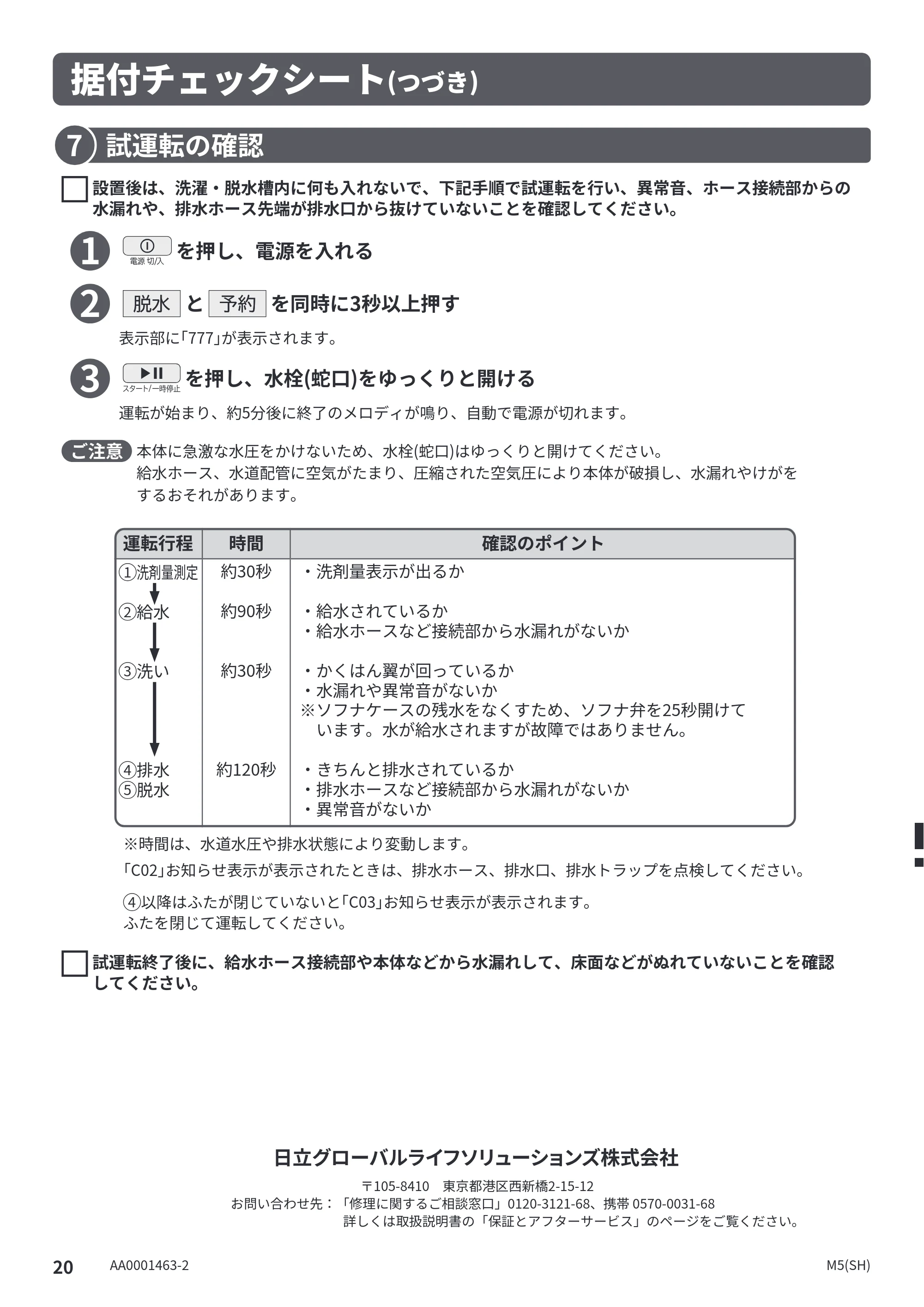 日立 BW-X120P 据付説明書 — 試運転の確認 — 原本ページ — 20ページ
