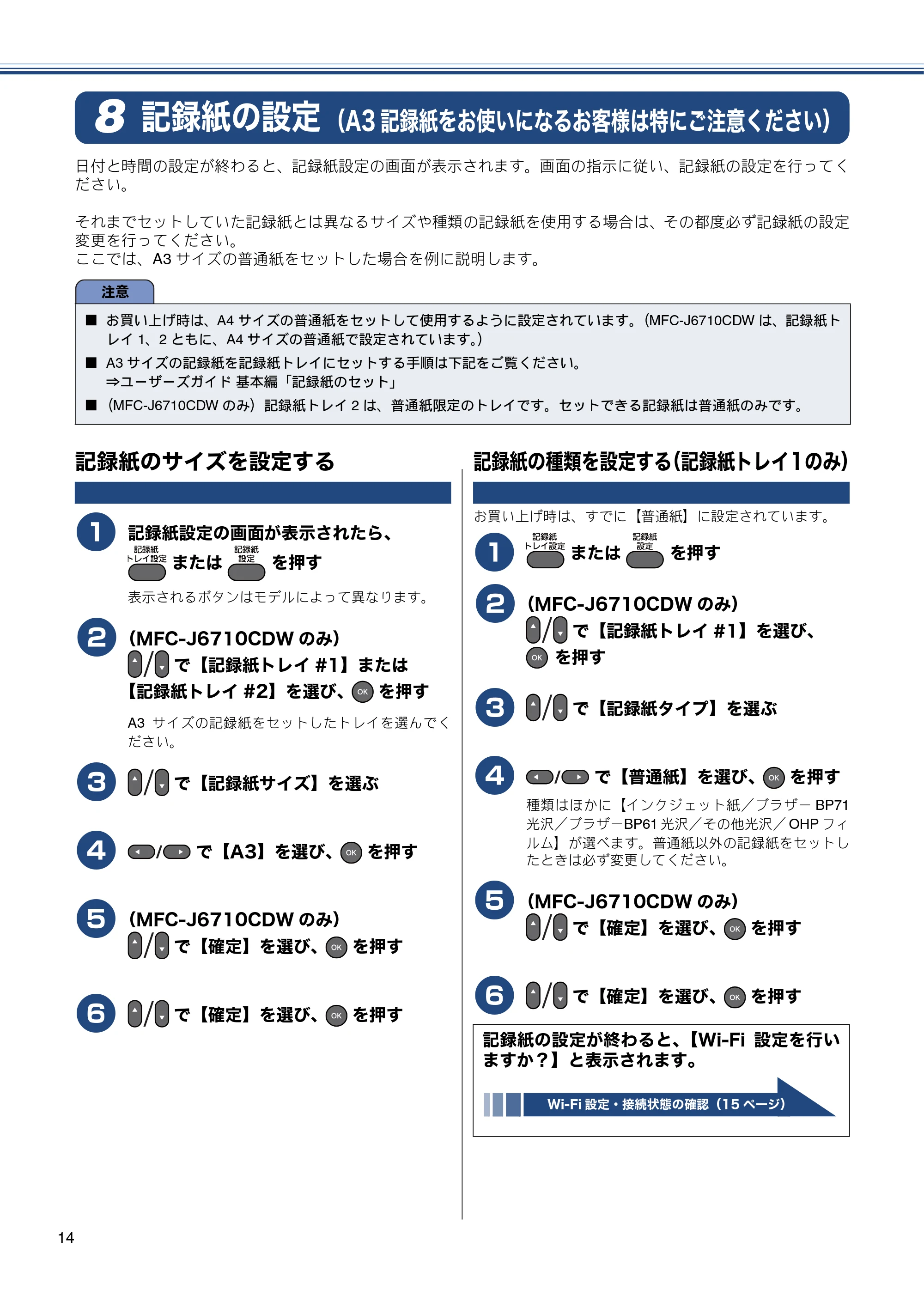 ブラザー MFC-J6510DW / MFC-J6710CDW かんたん設置ガイド — 記録紙の設定（A3記録紙をお使いになるお客様は特にご注意ください） — 原本ページ — 16ページ