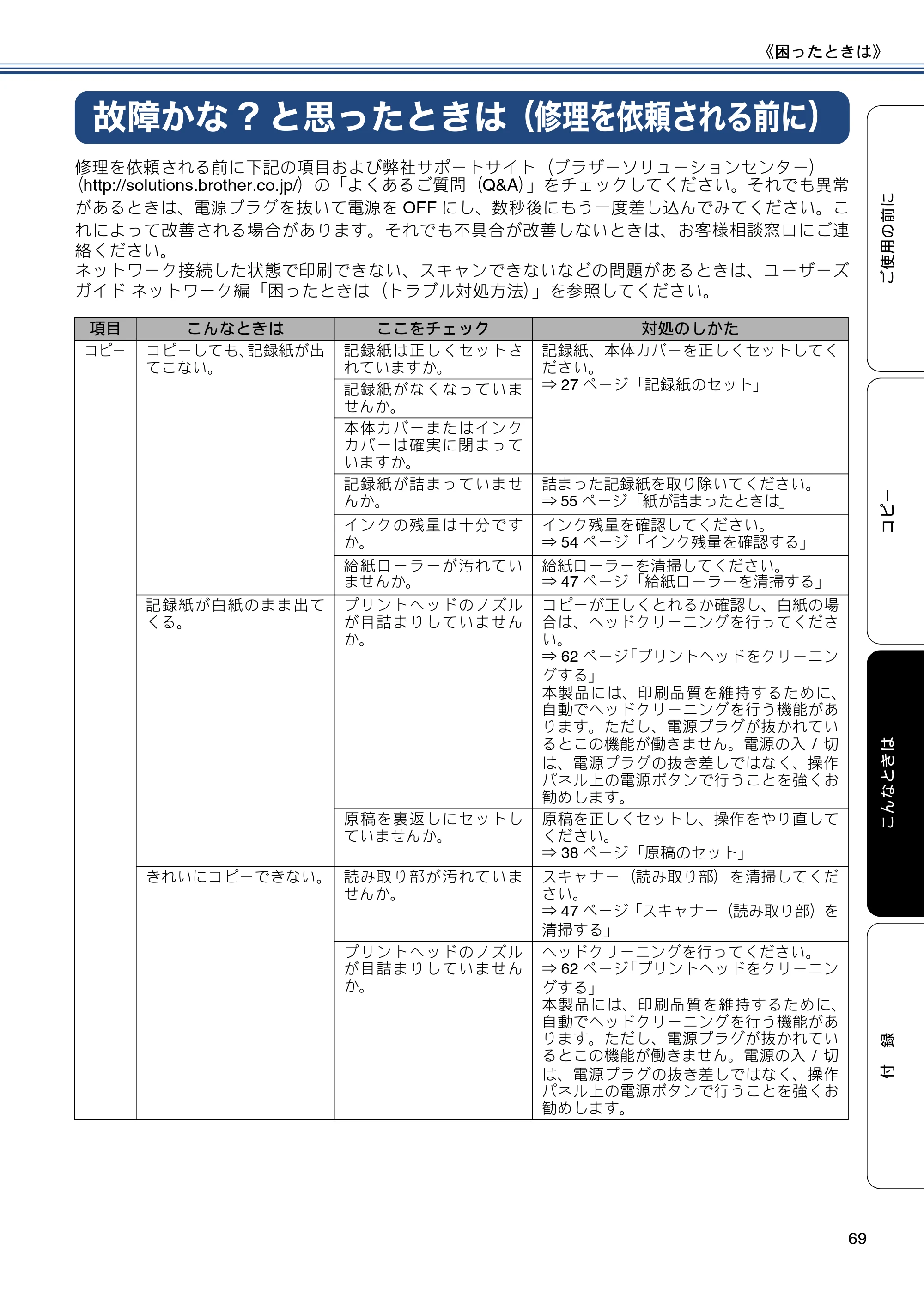 ブラザー DCP-J152N ユーザーズガイド ～基本編～ — 故障かな?と思ったときは（修理を依頼される前に） — 原本ページ — 69ページ