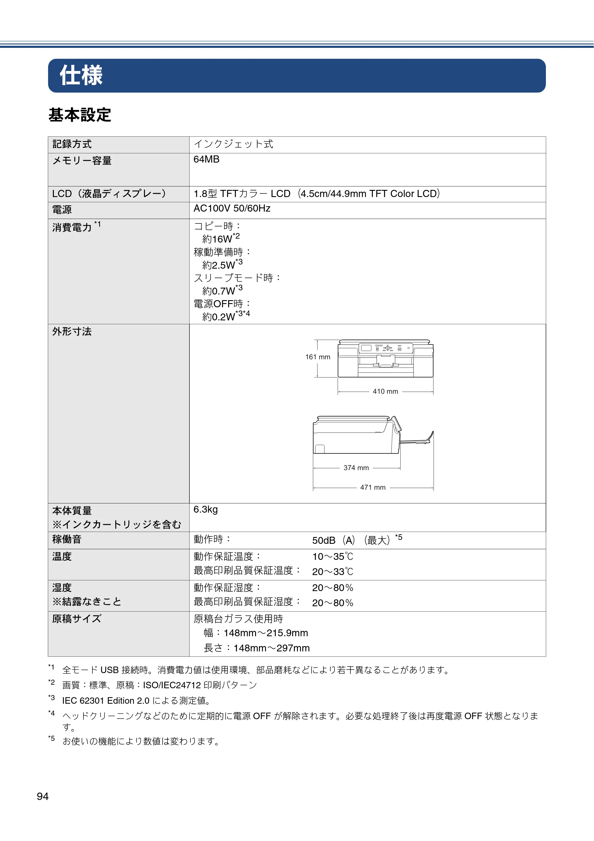 ブラザー DCP-J152N ユーザーズガイド ～基本編～ — 仕様 — 原本ページ — 94ページ
