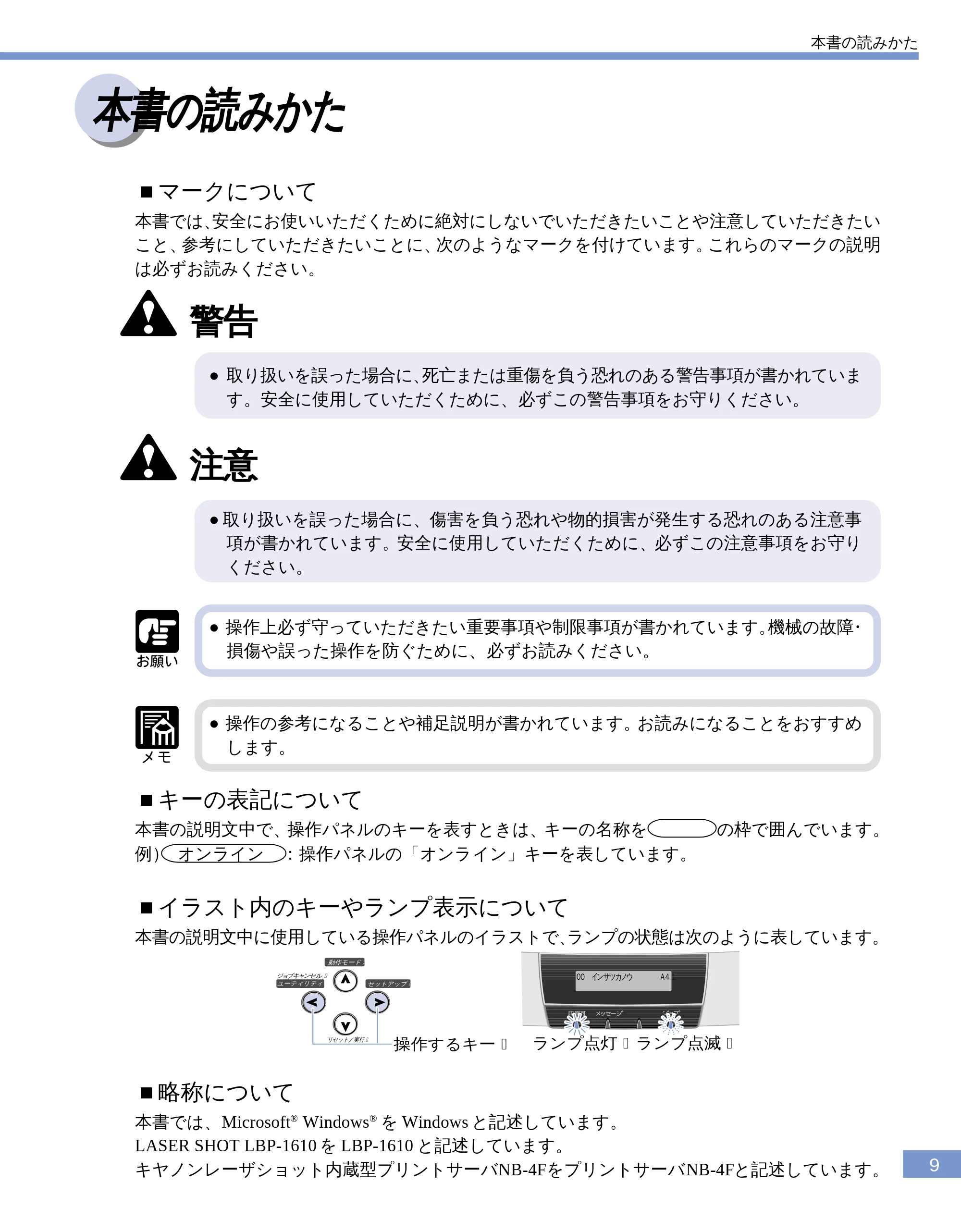 キヤノン LBP-1610 ユーザーズガイド (PDF形式/4.14Mバイト) — 本書の読みかた — 原本ページ — 11ページ