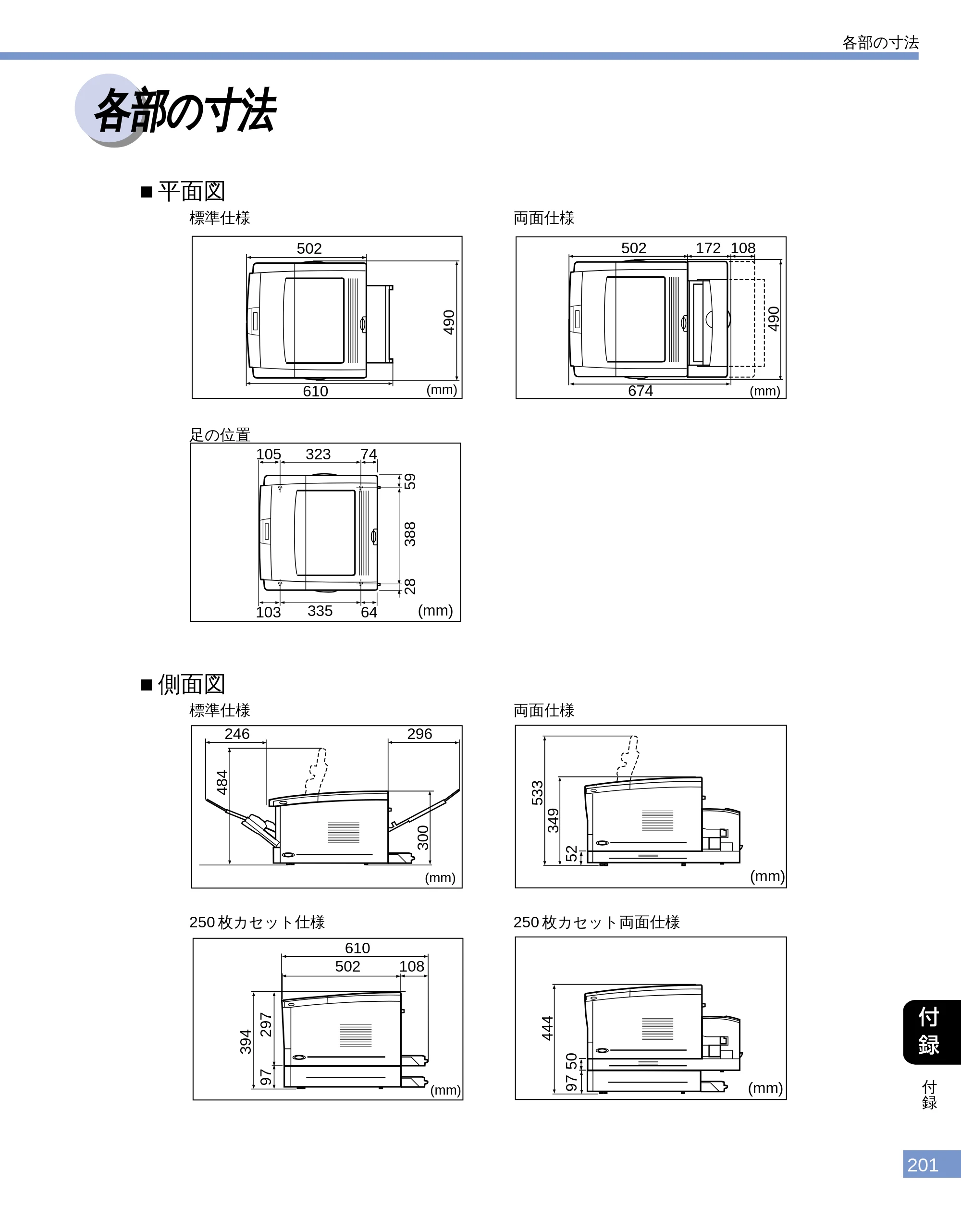 キヤノン LBP-1610 ユーザーズガイド （PDF形式／4.14Mバイト） — 各部の寸法 — 原本ページ — 199ページ