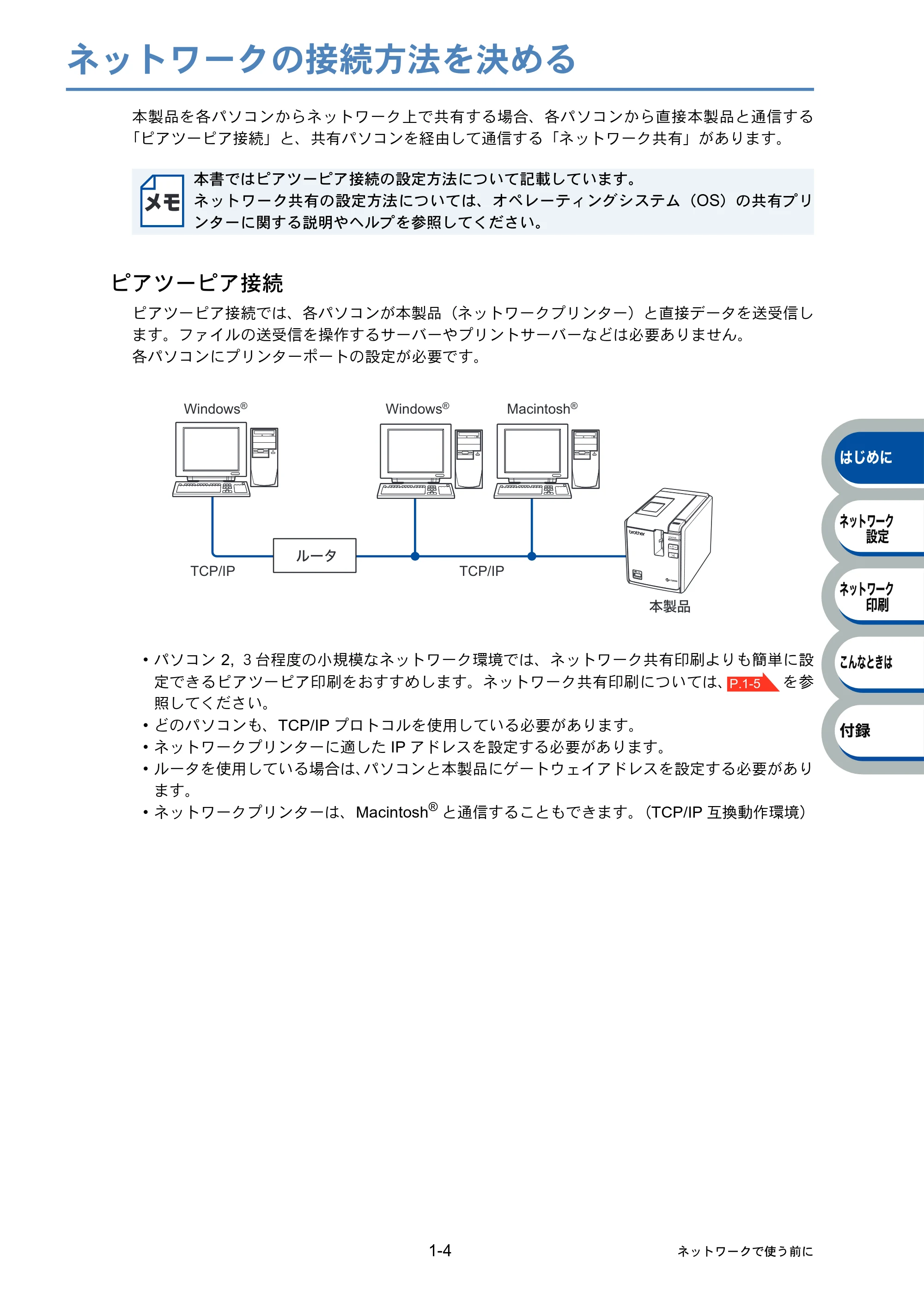 ブラザー PT-9800PCN ネットワーク設定ガイド — ネットワークの接続方法を決める — 原本ページ — 8ページ