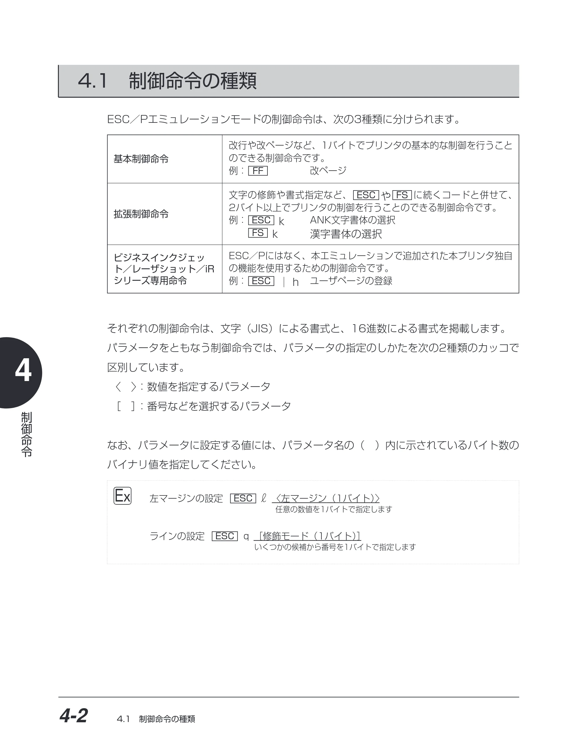キヤノン BIJ2350/BIJ1350/BIJ1350D ESC／Pユーザーズガイド （PDF形式／2.57Mバイト） — 4.1 制御命令の種類 — 原本ページ — 93ページ