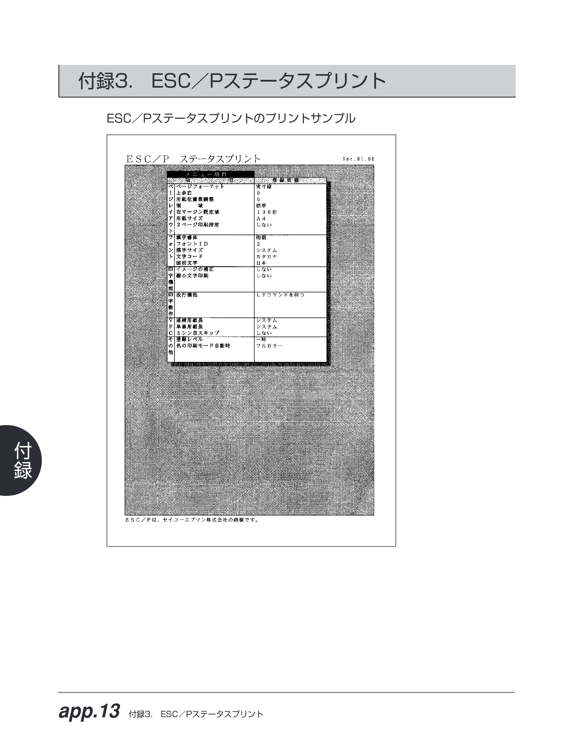 キヤノン BIJ2350/BIJ1350/BIJ1350D ESC／Pユーザーズガイド （PDF形式／2.57Mバイト） — 付録3. ESC／Pステータスプリント — 原本ページ — 163ページ