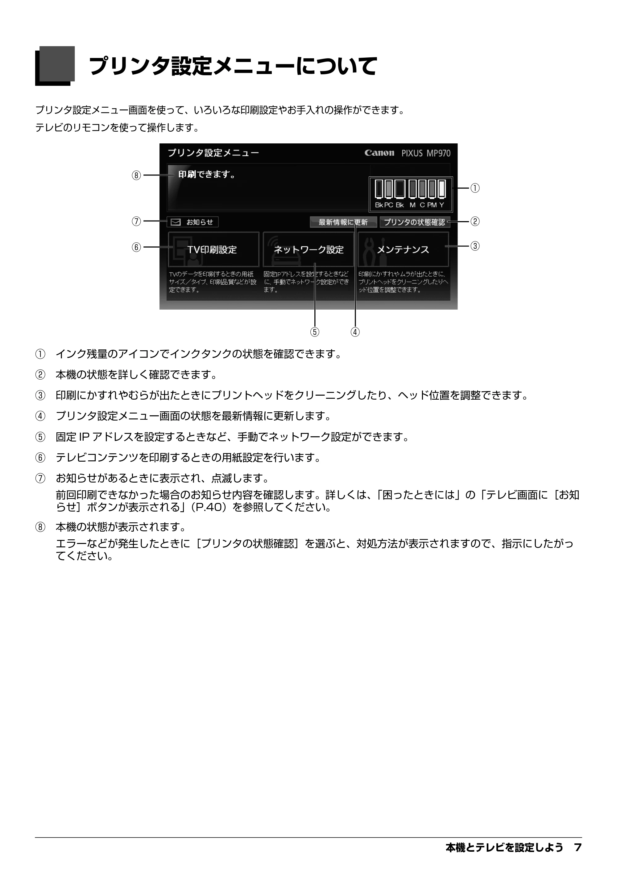 キヤノン PIXUS MP970 デジタルテレビ印刷ガイド (PDF形式/3.38Mバイト) — 本機とテレビを設定しよう — 原本ページ — 7ページ