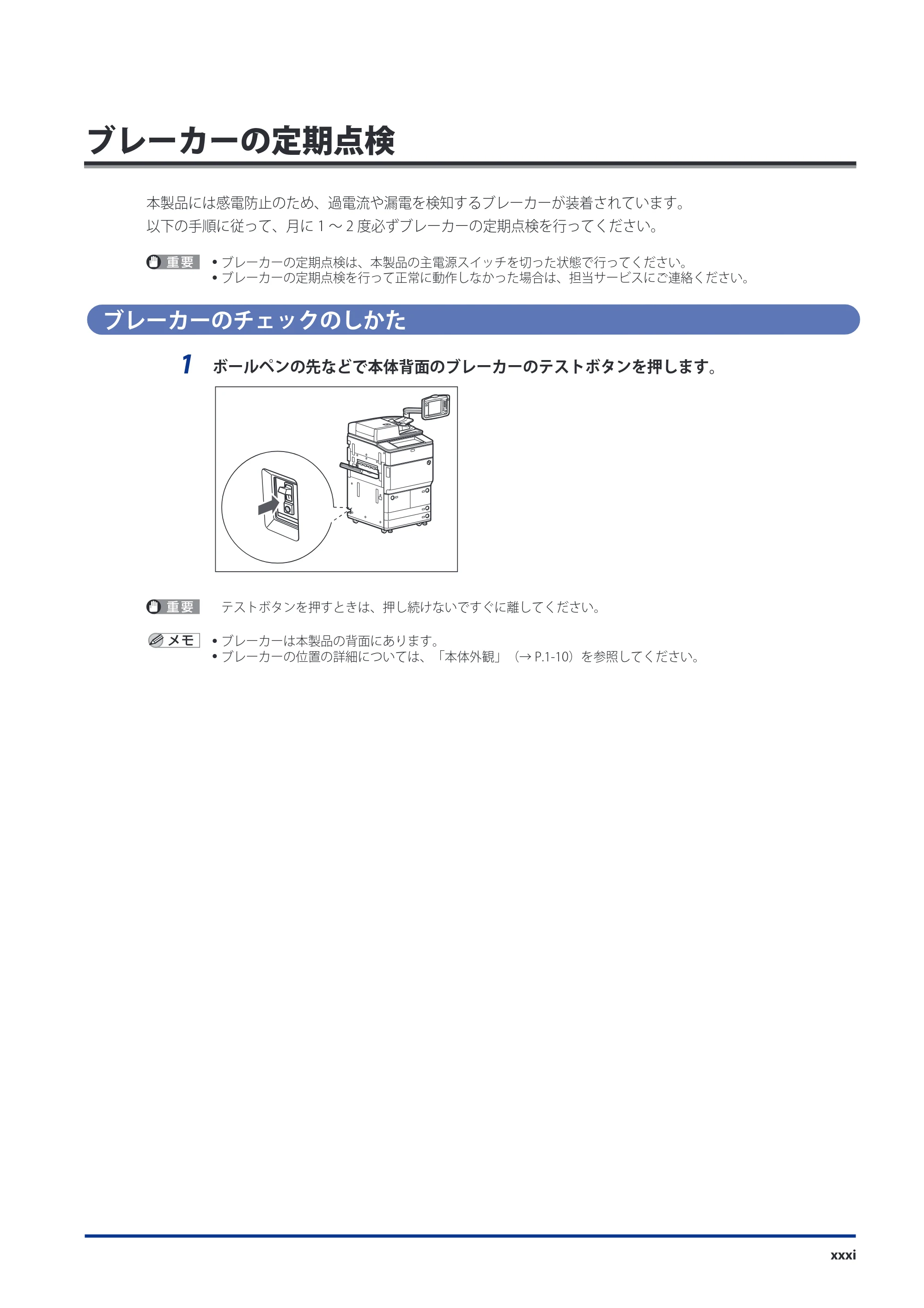 キヤノン imageRUNNER-ADVANCE 6075/6065/6065-R/6055 スタートガイド 2011年12月1日更新 （PDF：15.5MB） — ブレーカーの定期点検 — 原本ページ — 33ページ