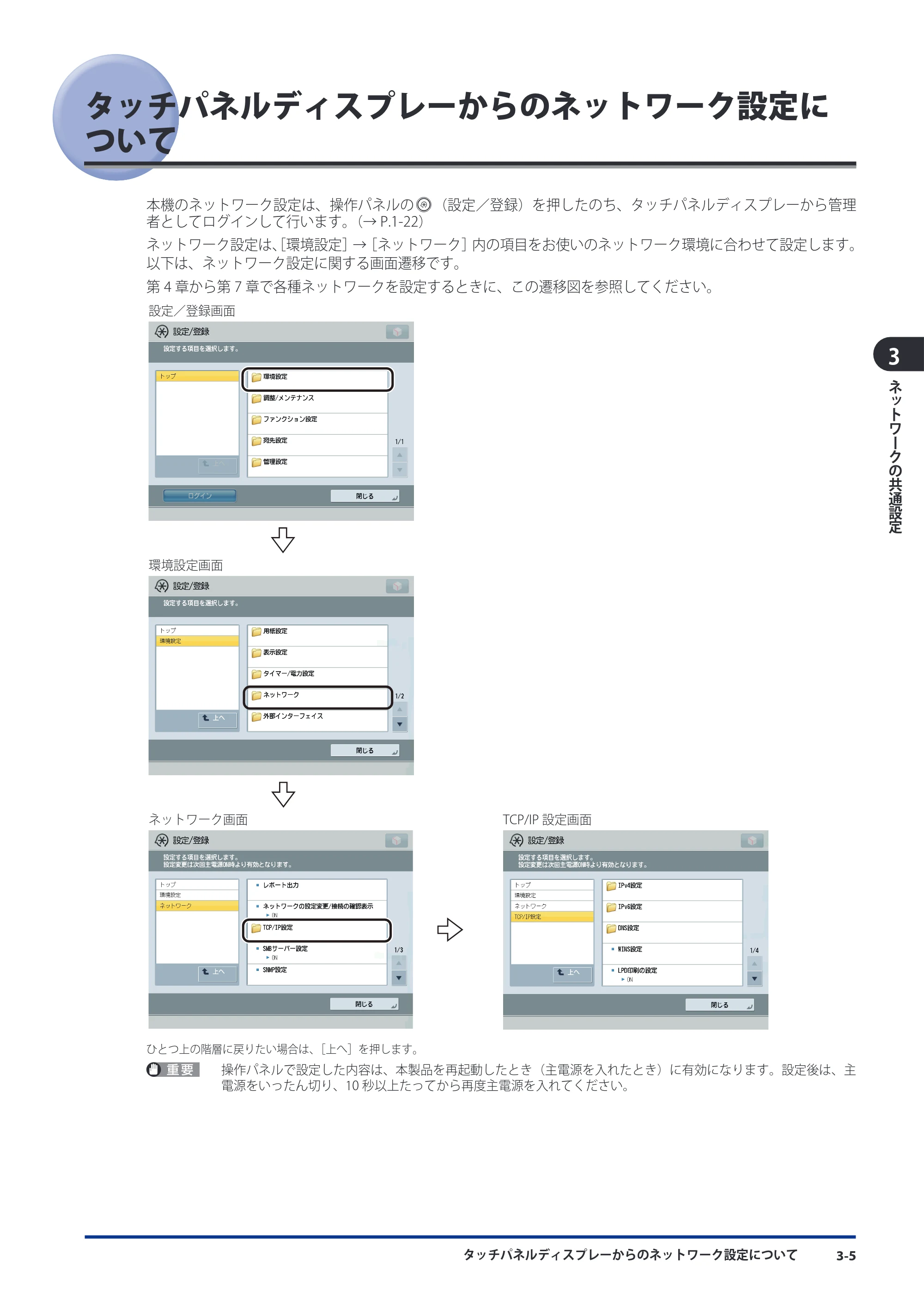 キヤノン imageRUNNER-ADVANCE 6075/6065/6065-R/6055 スタートガイド 2011年12月1日更新 （PDF：15.5MB） — タッチパネルディスプレーからのネットワーク設定について — 原本ページ — 75ページ