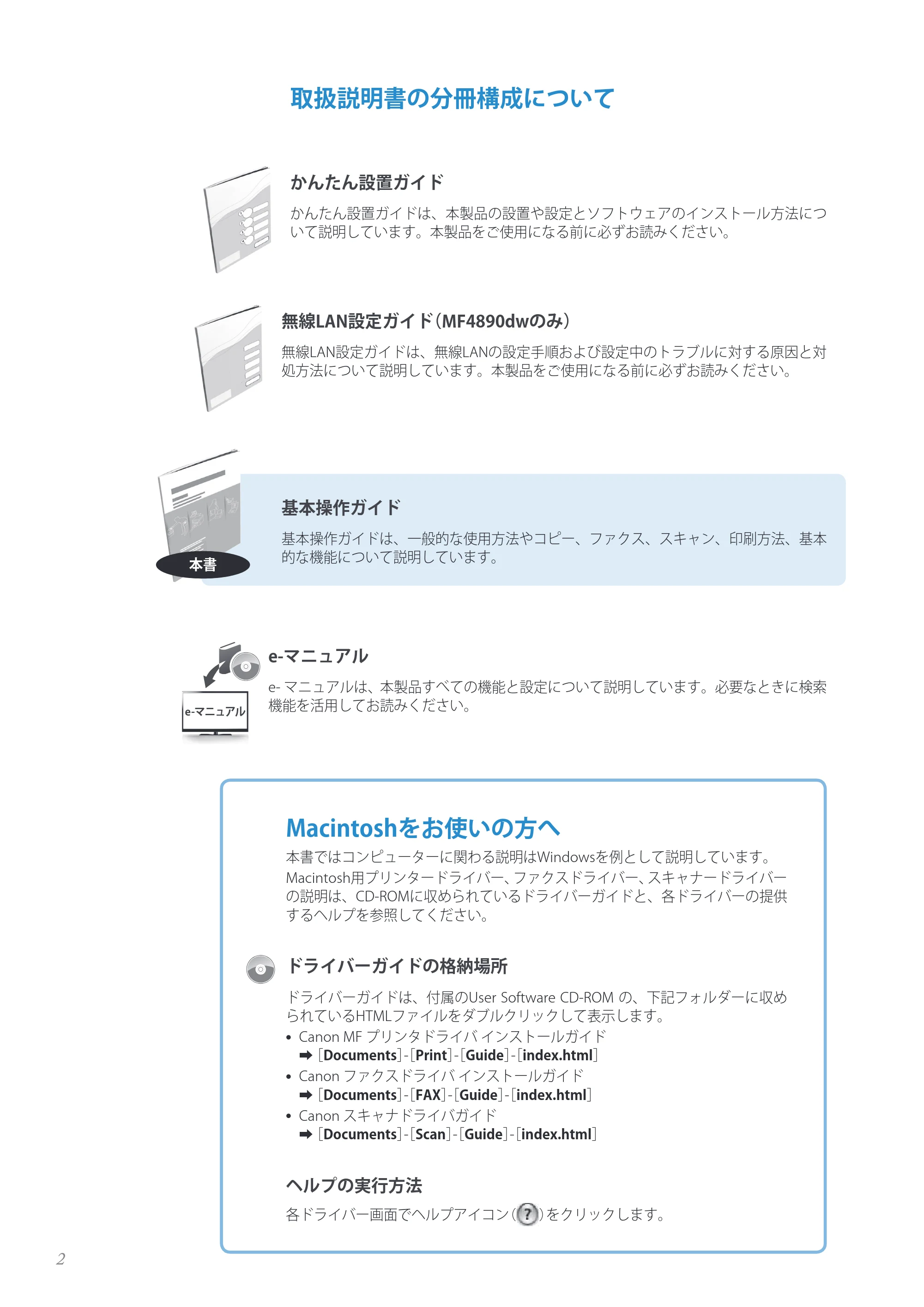 キヤノン MF4890dw/MF4870dn/MF4830d/MF4820d/MF4750 基本操作ガイド 2013年5月9日更新(PDF:35.3MB) — 原本ページ — 2ページ