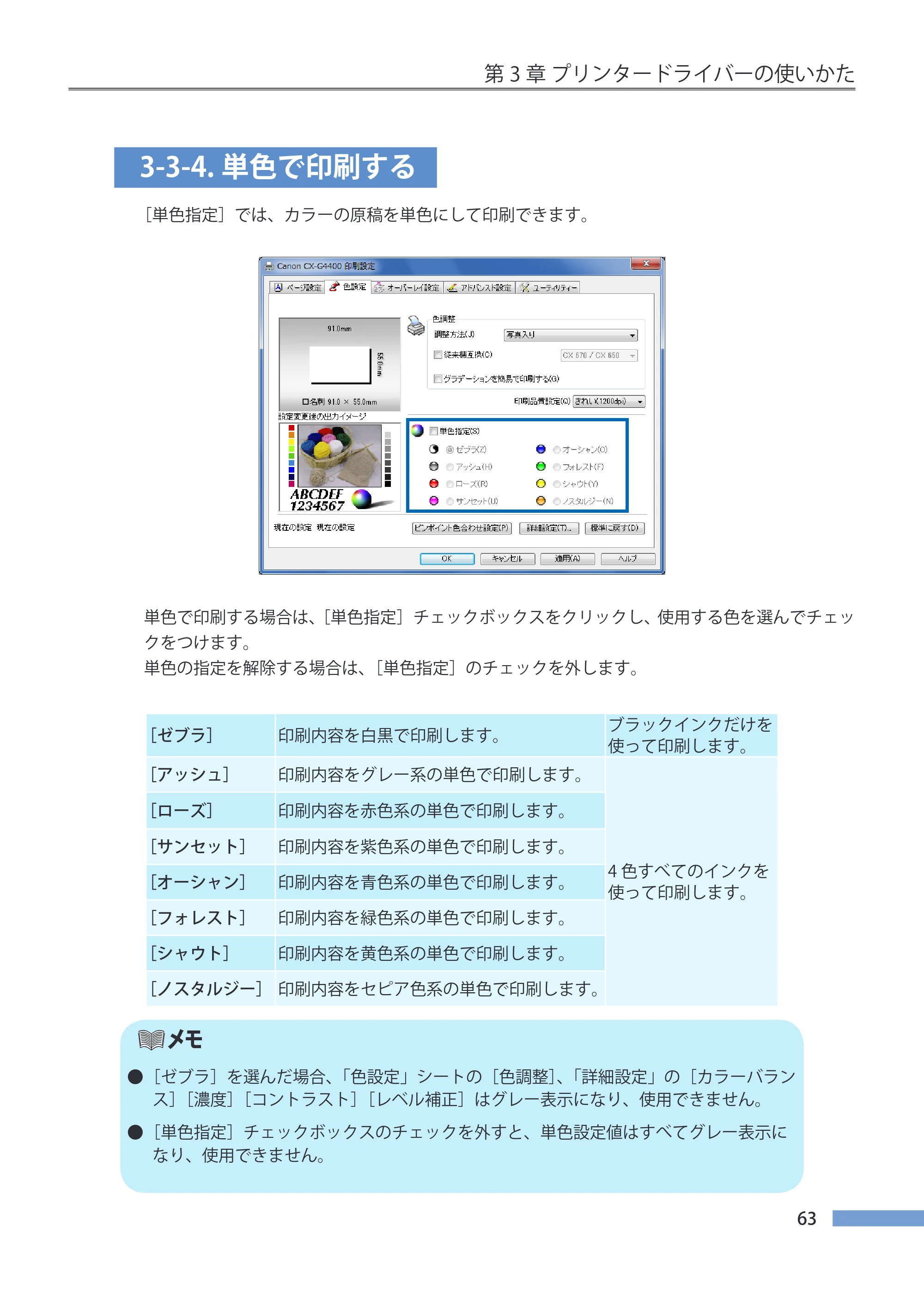 キヤノン CX-G4400 CX-G4400 （BJI-P411M用）ユーザーズガイド※ （PDF形式／16.36Mバイト） — 3-3-4.単色で印刷する — 原本ページ — 71ページ