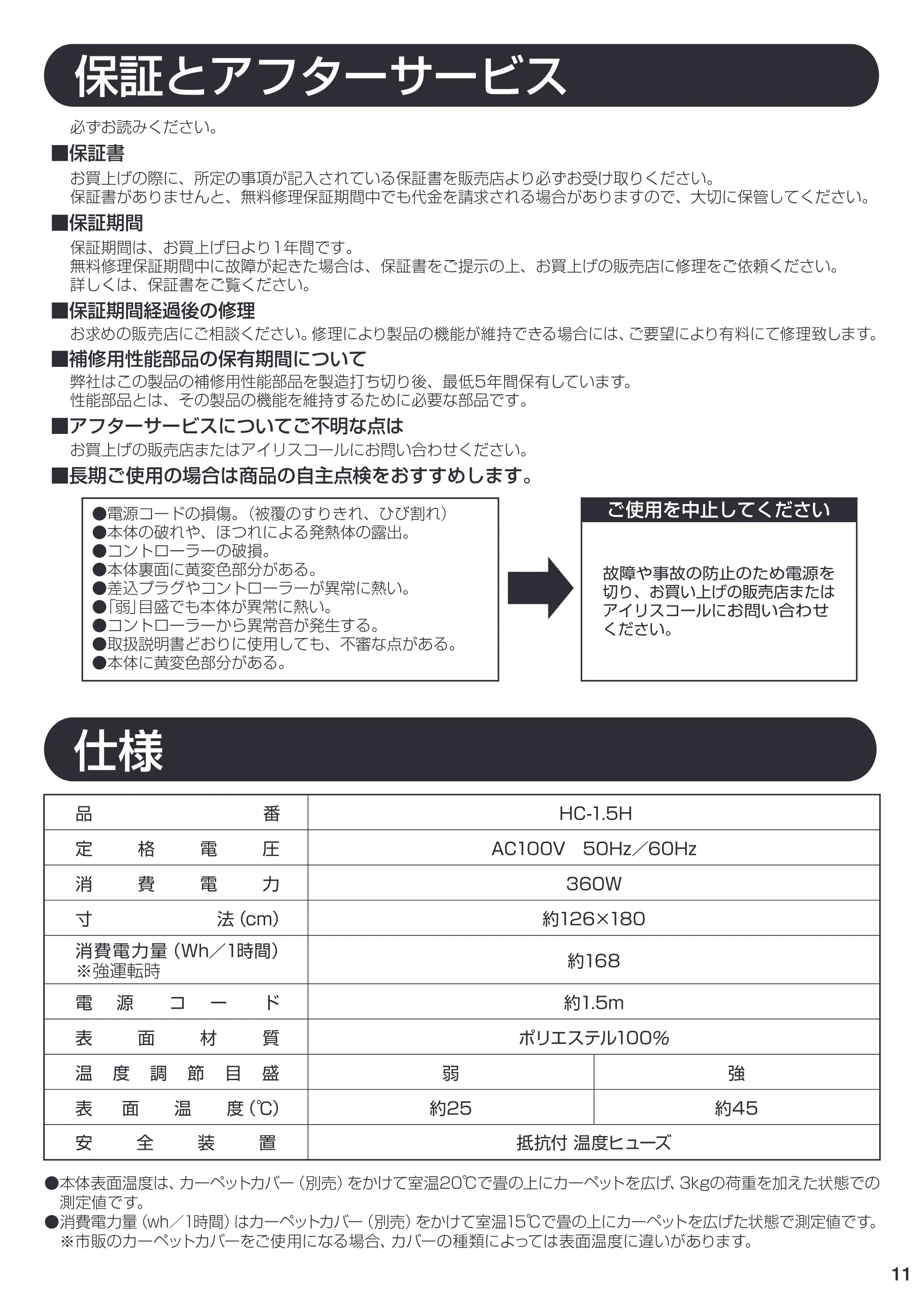アイリスオーヤマ ホットカーペット 1.5畳用 HC-1.5H 取扱説明書 — 原本ページ — 11ページ