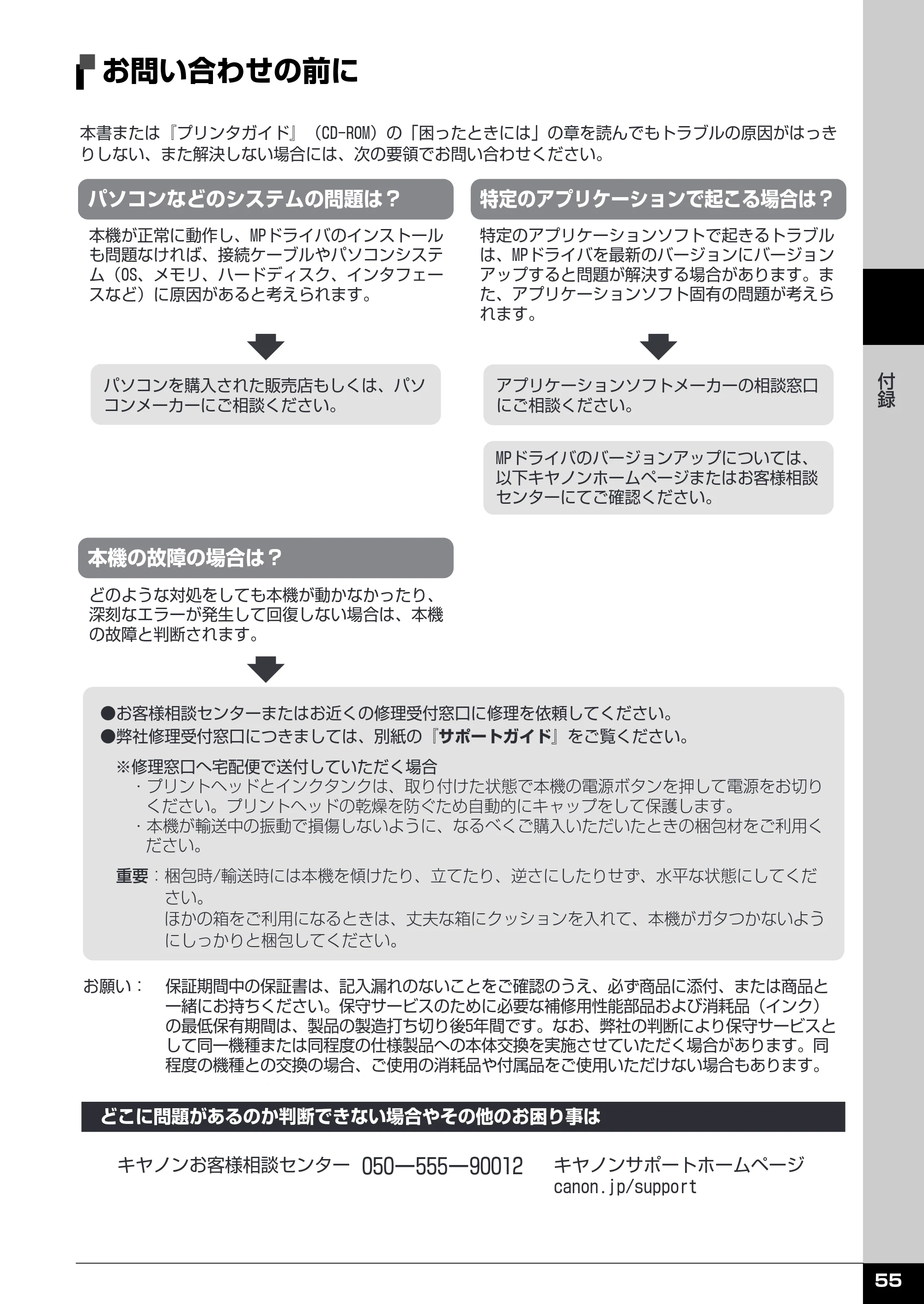 キヤノン PIXUS MP510 操作ガイド（お手入れ編） （PDF形式／8.28Mバイト） — 付属のソフトウェアに関するお問い合わせ窓口 — 原本ページ — 56ページ