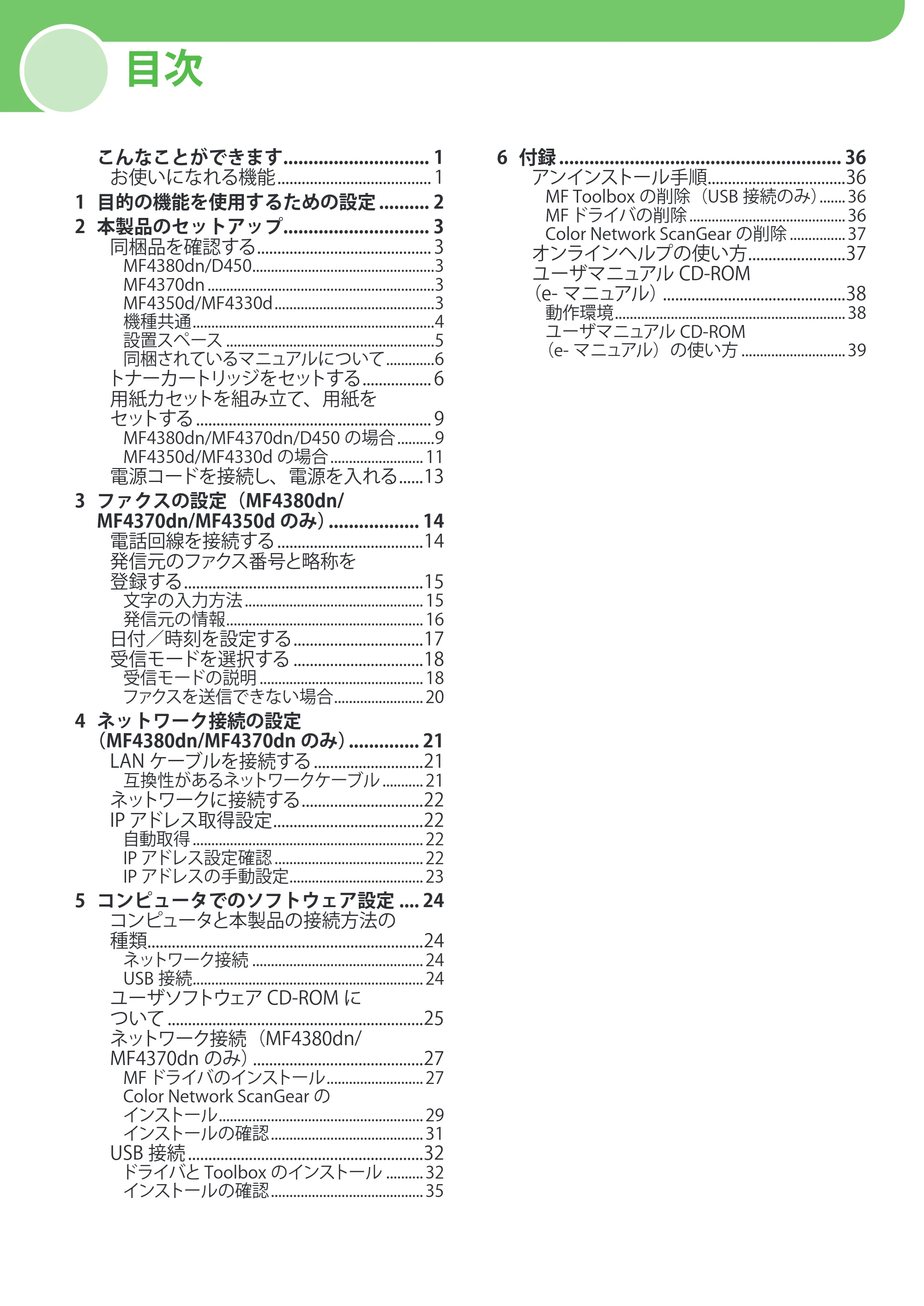 キヤノン MF4380dn/MF4370dn/MF4350d/MF4330d/D450 スタートアップガイド 2009年12月18日更新 （PDF形式／19.15Mバイト） — 目次 — 原本ページ — 2ページ