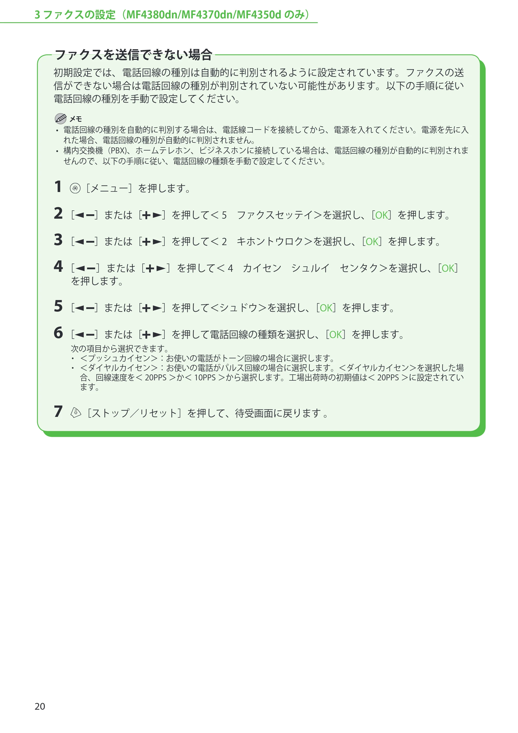キヤノン MF4380dn/MF4370dn/MF4350d/MF4330d/D450 スタートアップガイド 2009年12月18日更新 （PDF形式／19.15Mバイト） — ファクスを送信できない場合 — 原本ページ — 22ページ