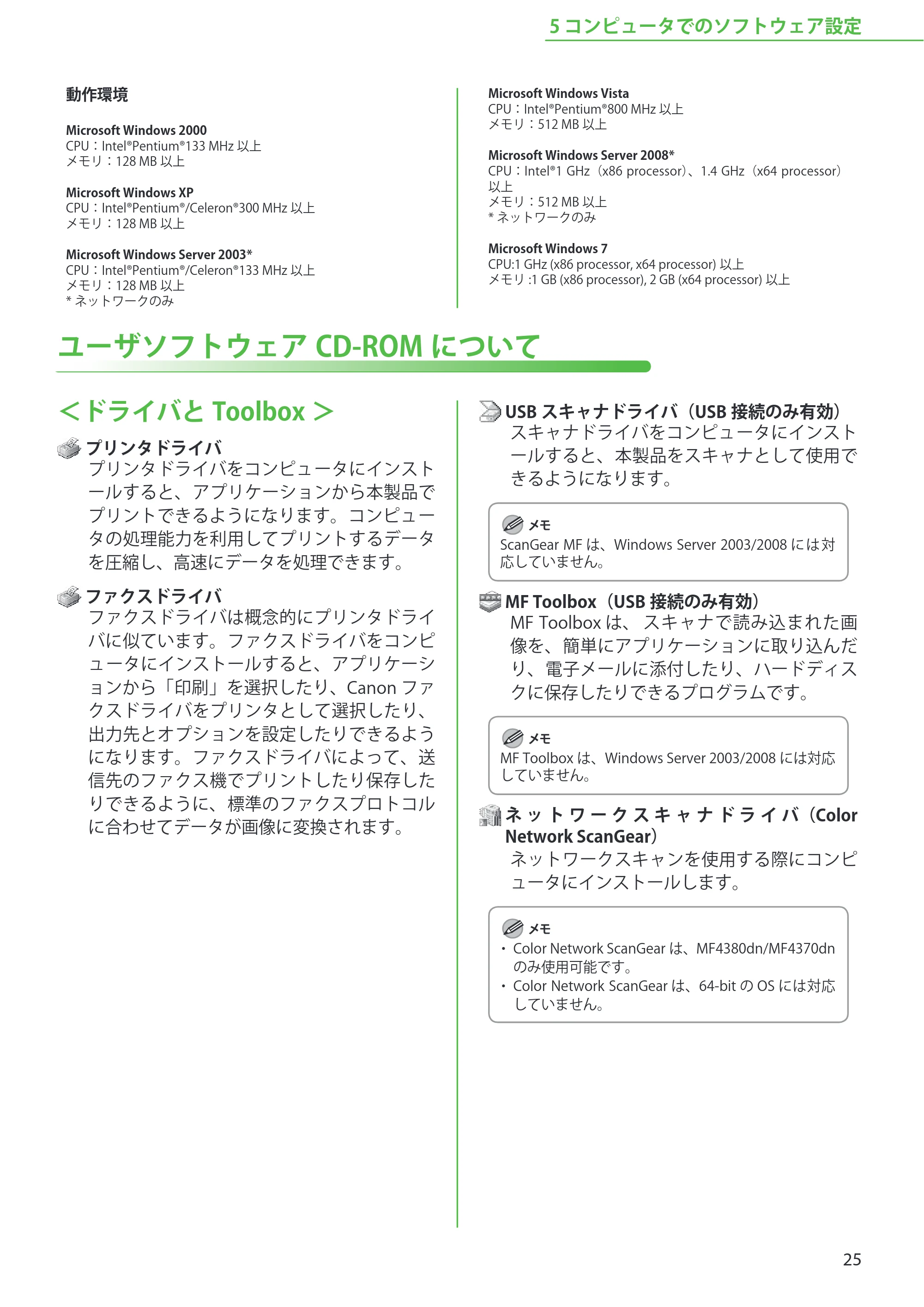 キヤノン MF4380dn/MF4370dn/MF4350d/MF4330d/D450 スタートアップガイド 2009年12月18日更新 （PDF形式／19.15Mバイト） — ユーザソフトウェアCD-ROMについて — 原本ページ — 27ページ