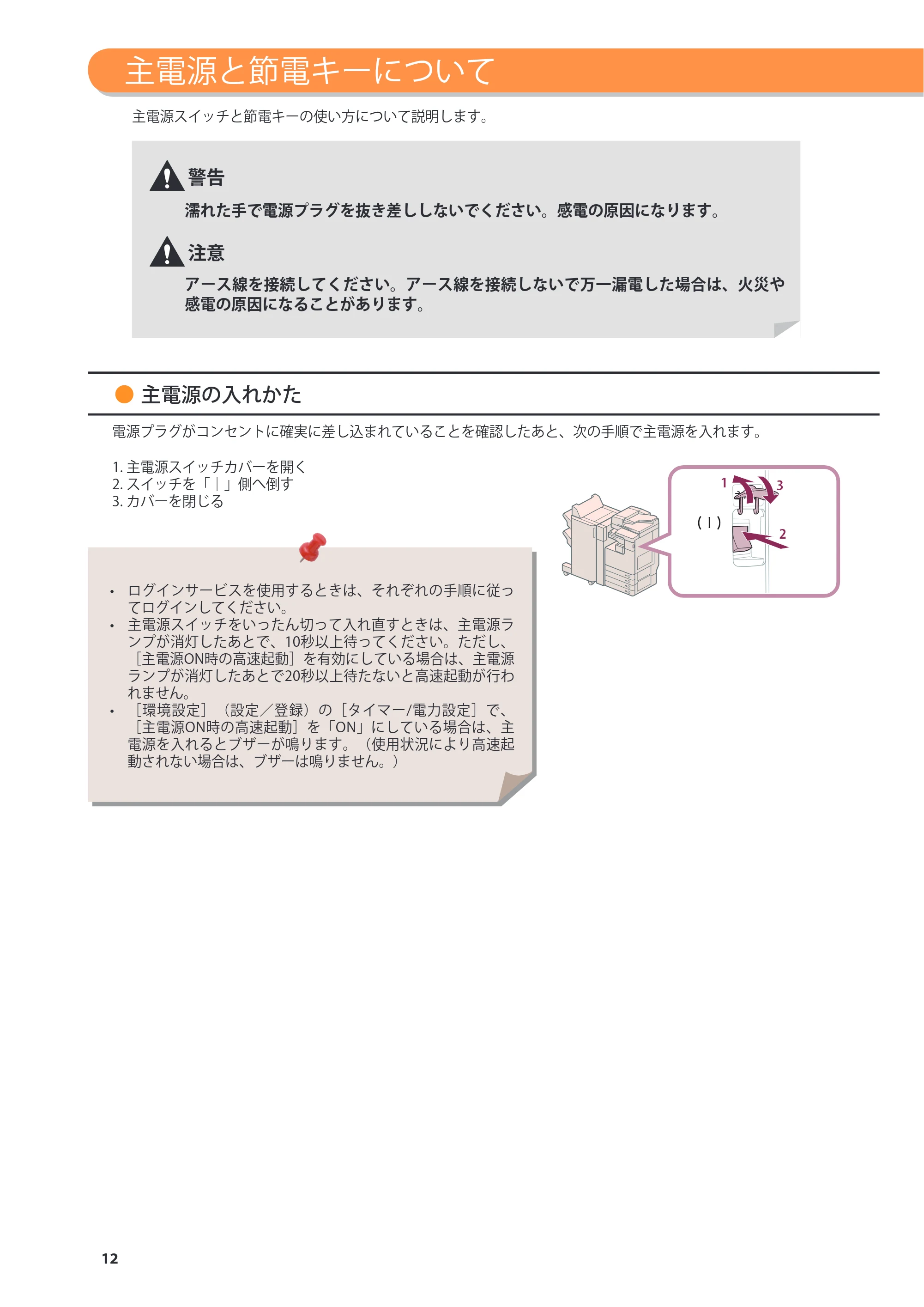 キヤノン imageRUNNER ADVANCE 4245F/4245F-R/4245/4235F/4235/4225F/4225 基本操作ガイド 2013年11月21日更新（PDF：13.4MB） — 主電源と節電キーについて — 原本ページ — 12ページ