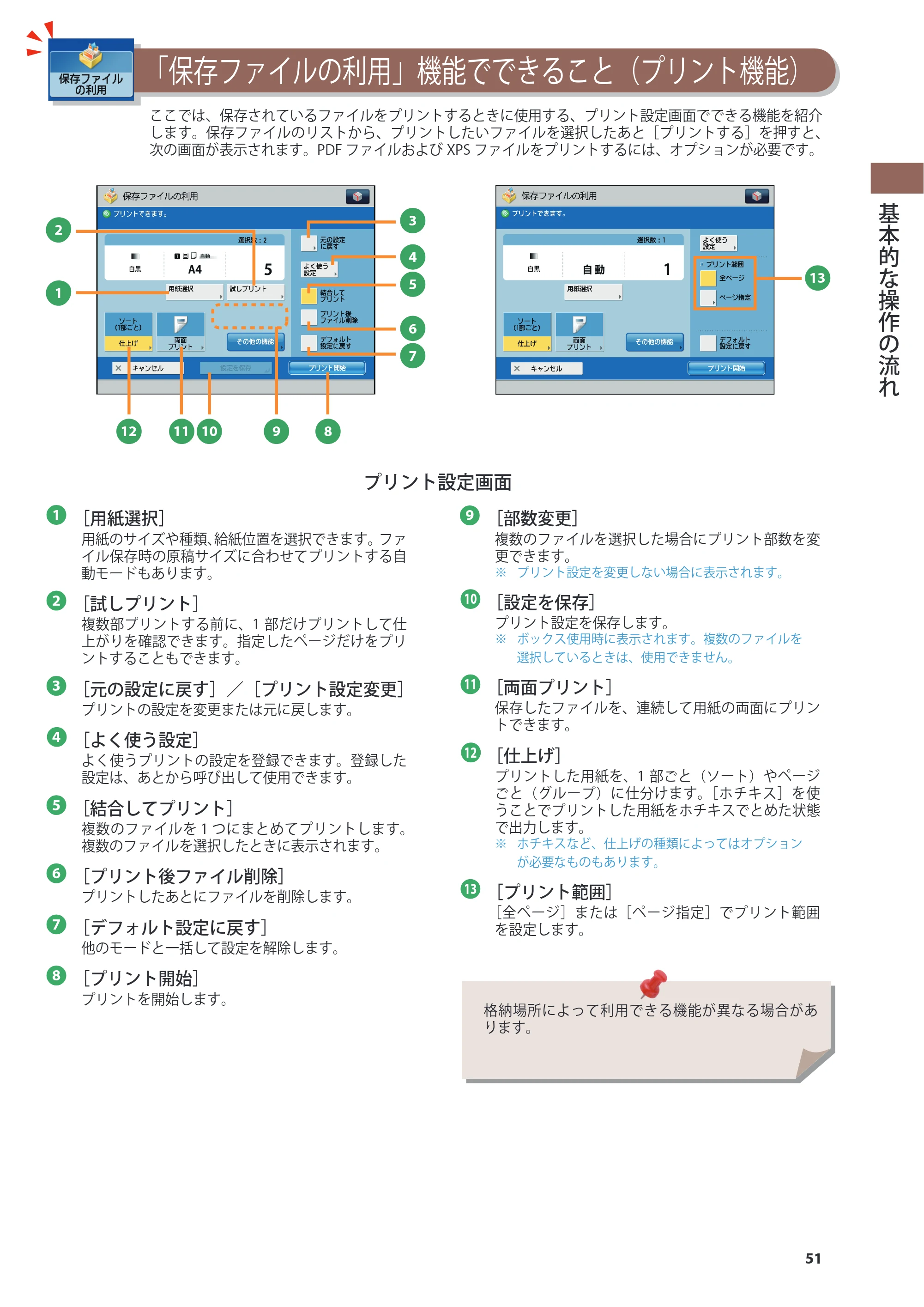 キヤノン imageRUNNER ADVANCE 4245F/4245F-R/4245/4235F/4235/4225F/4225 基本操作ガイド 2013年11月21日更新（PDF：13.4MB） — 「保存ファイルの利用」機能でできること（プリント機能） — 原本ページ — 51ページ