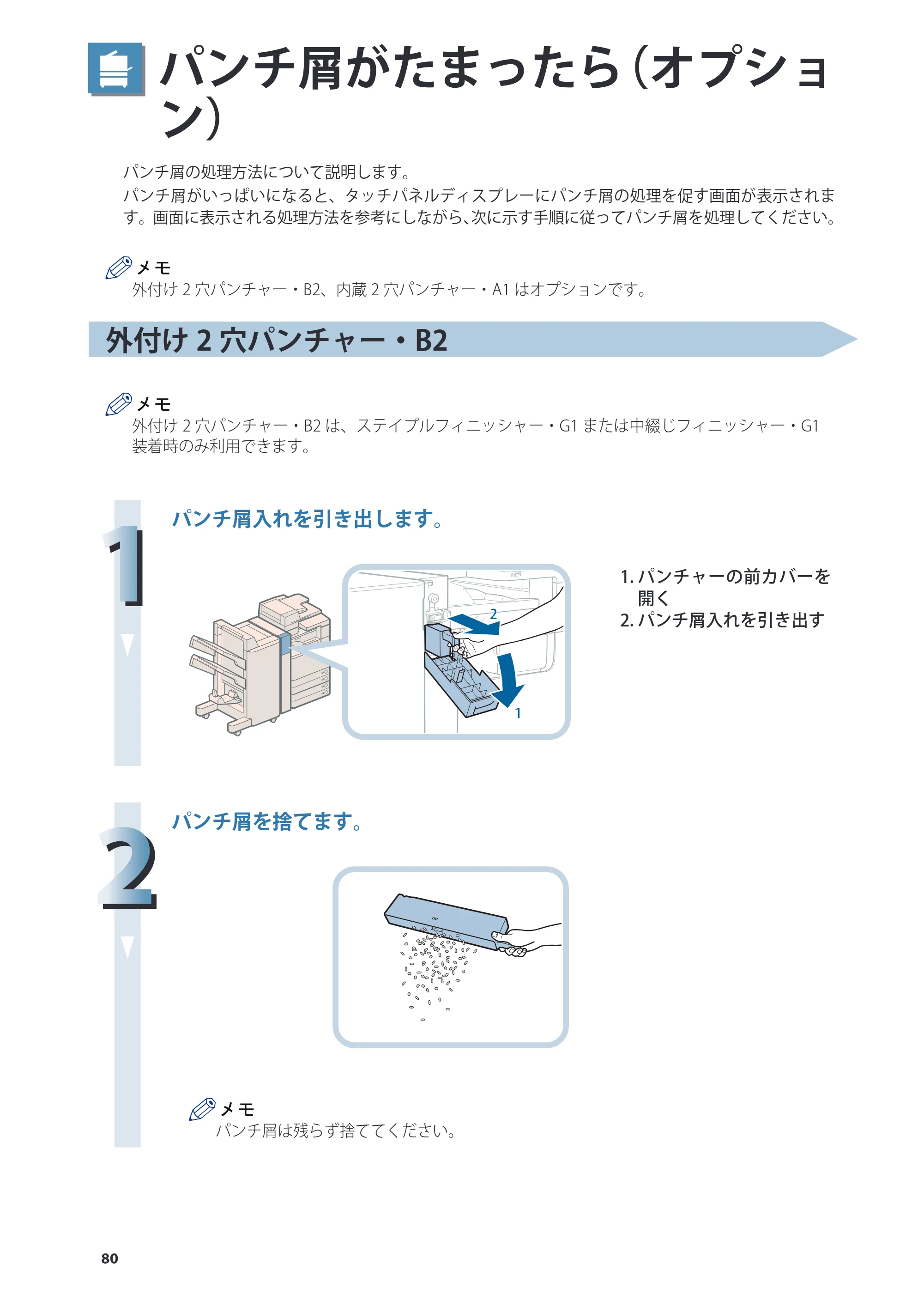 キヤノン imageRUNNER ADVANCE 4245F/4245F-R/4245/4235F/4235/4225F/4225 基本操作ガイド 2013年11月21日更新（PDF：13.4MB） — パンチ屑がたまったら（オプション） — 原本ページ — 80ページ