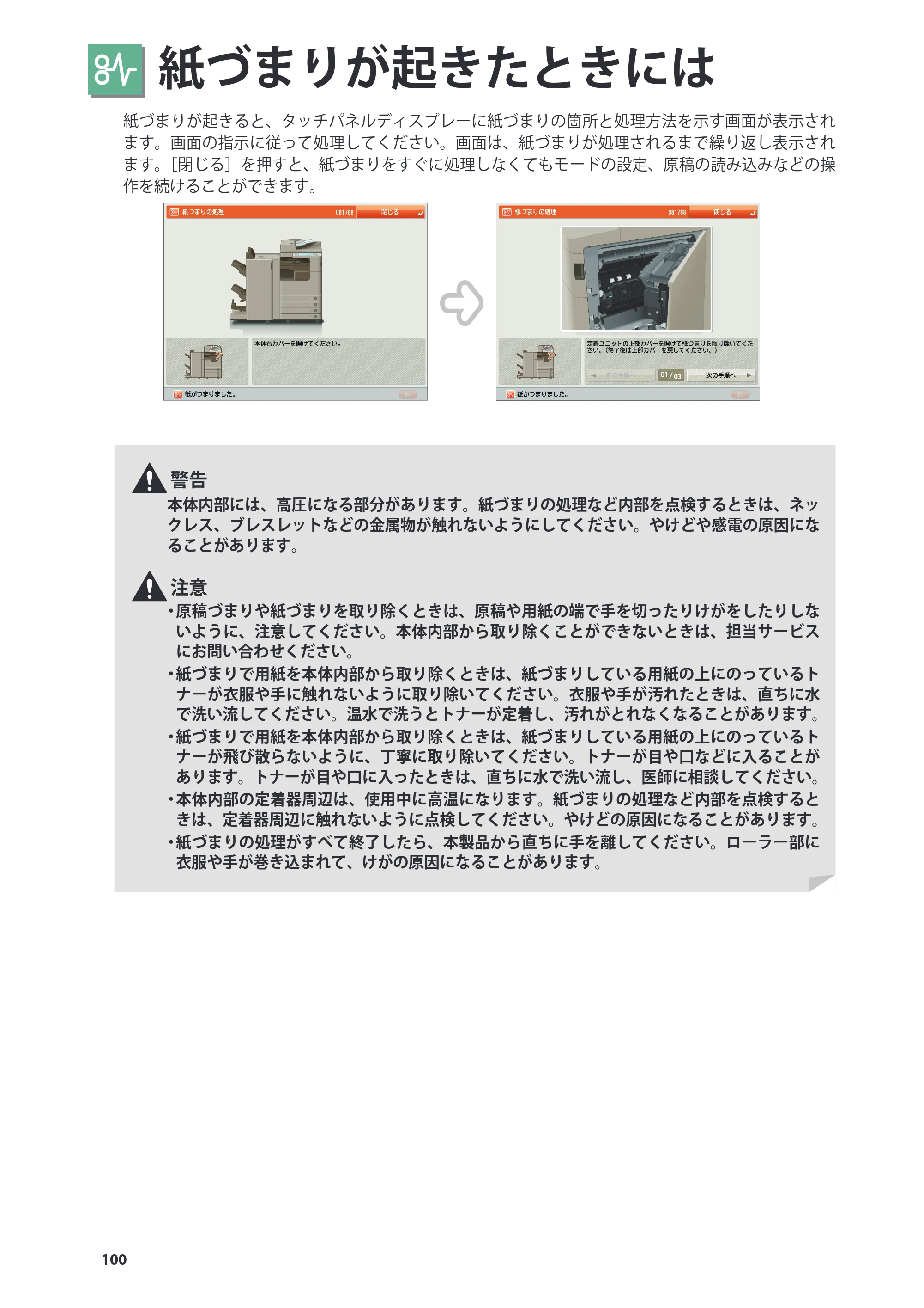 キヤノン imageRUNNER ADVANCE 4245F/4245F-R/4245/4235F/4235/4225F/4225 基本操作ガイド 2013年11月21日更新（PDF：13.4MB） — 紙づまりが起きたときには — 原本ページ — 100ページ