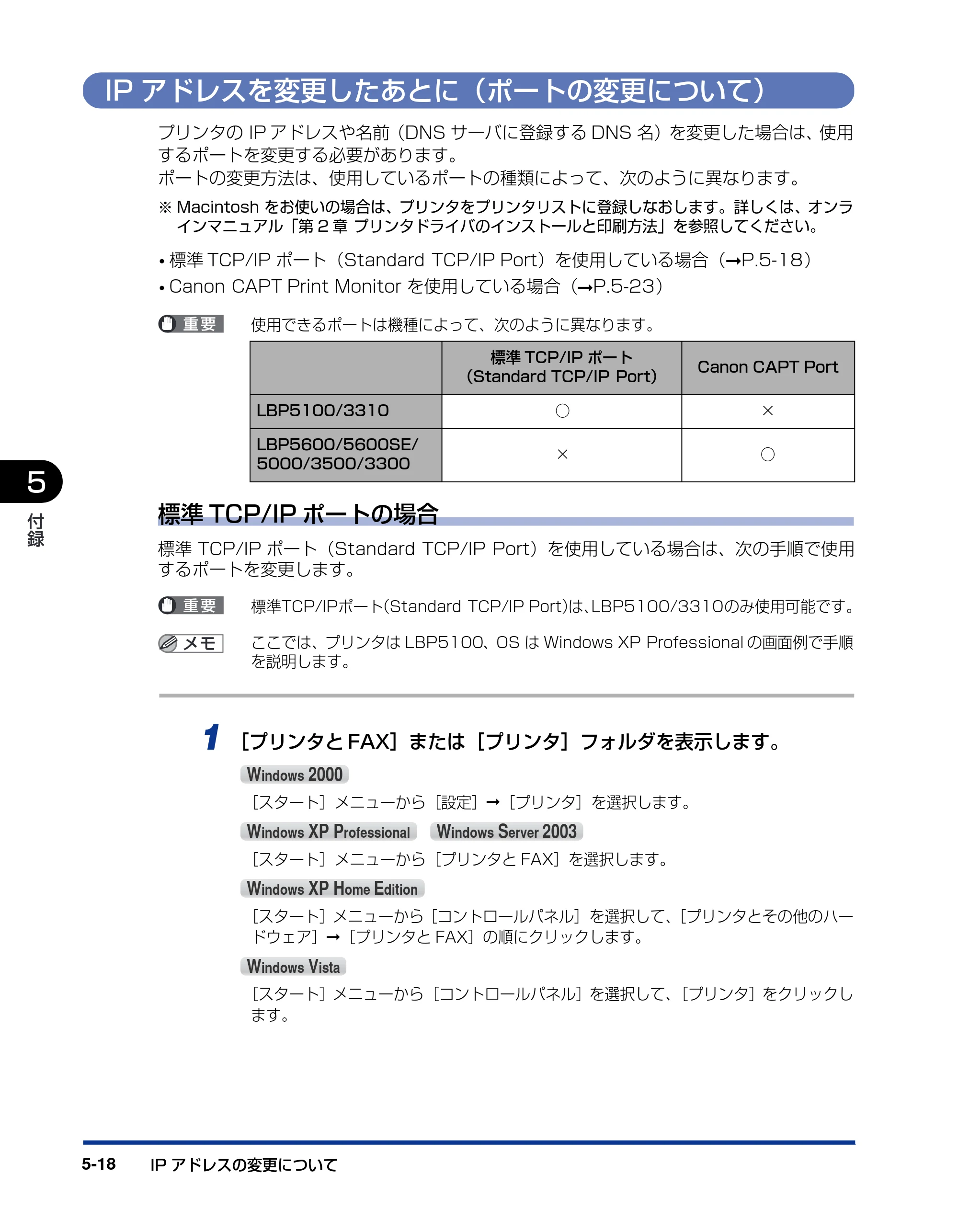 キヤノン LBP3310 ネットワークガイド／本編 2010年5月13日更新 （PDF形式／7.59Mバイト） — IPアドレスを変更したあとに（ポートの変更について） — 原本ページ — 192ページ