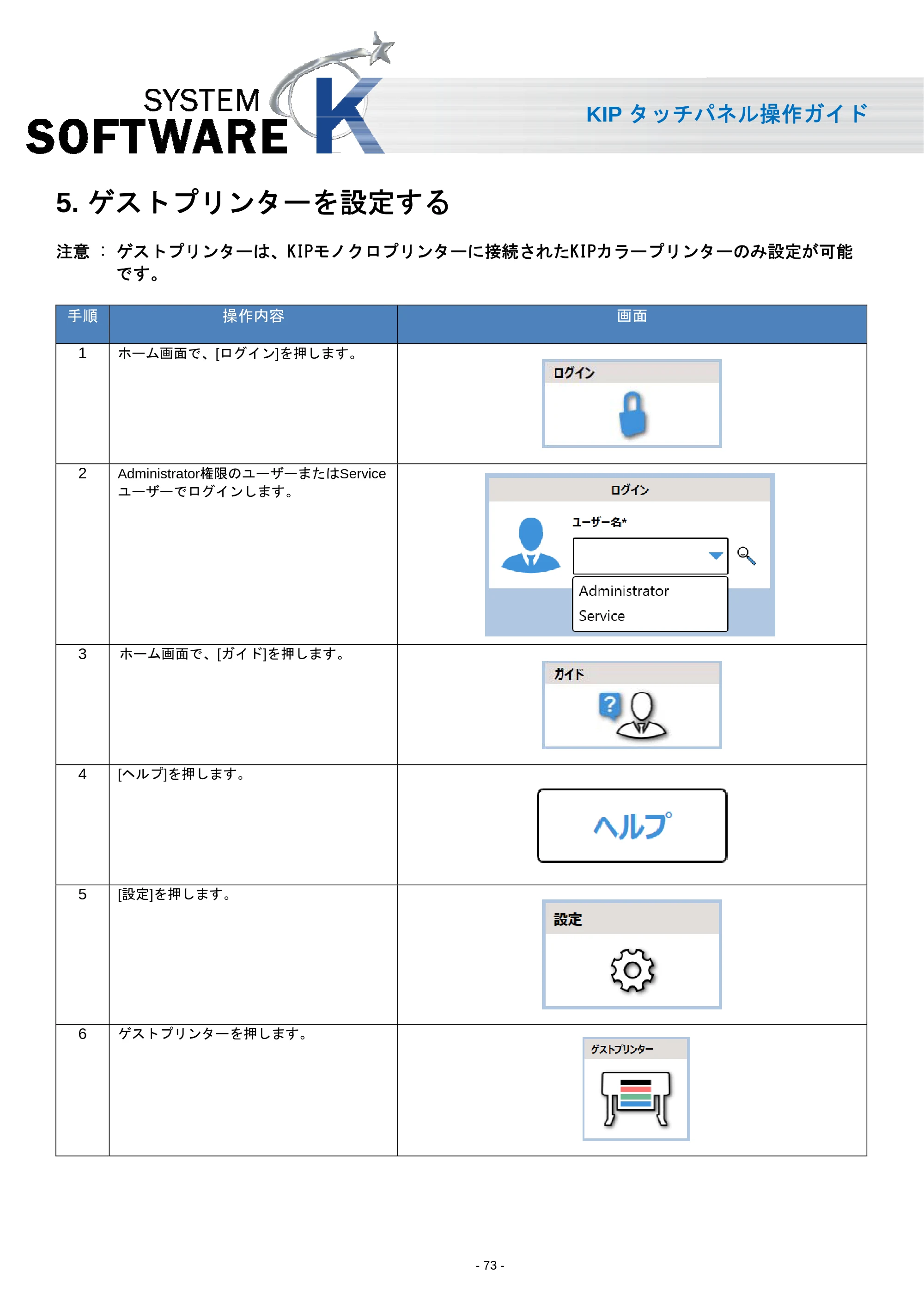 京セラ KIP 7170 KIP タッチパネル操作ガイド — 5. ゲストプリンターを設定する — 原本ページ — 74ページ