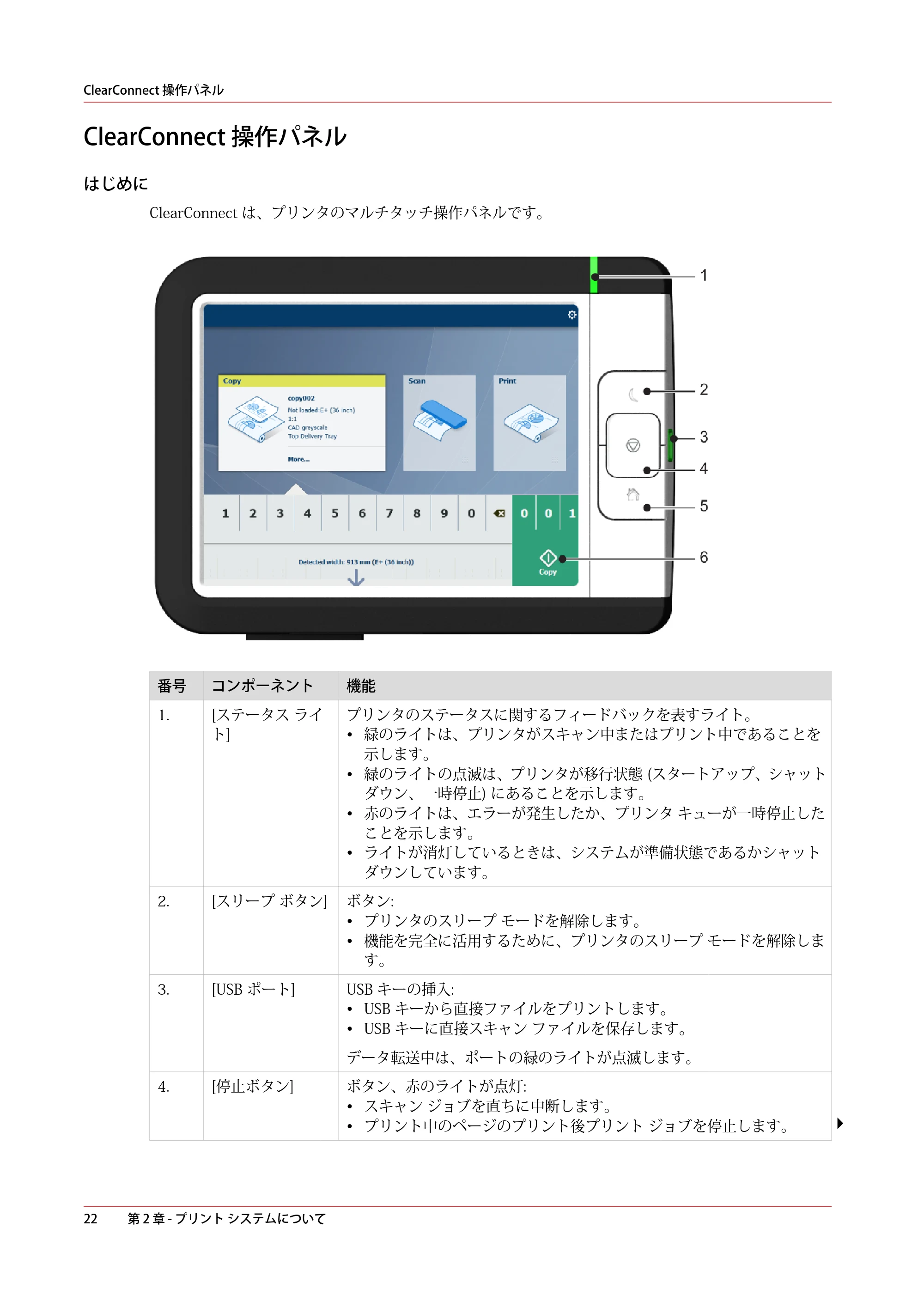 キヤノン ColorWave 3600 操作ガイド 2021年10月2日掲載 （PDF形式／20.61Mバイト） — ClearConnect 操作パネル — 原本ページ — 22ページ