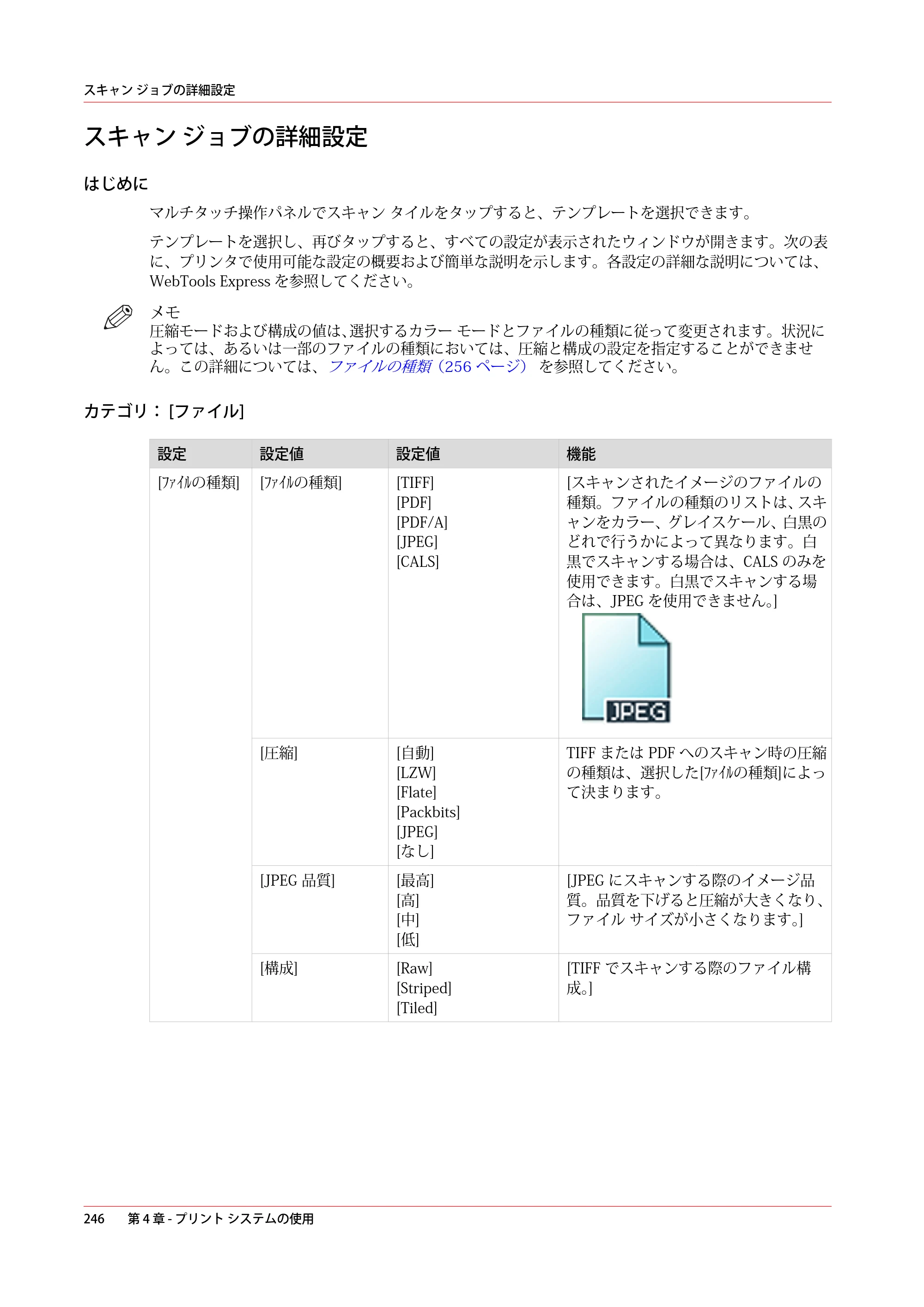 キヤノン ColorWave 3600 操作ガイド 2021年10月2日掲載 （PDF形式／20.61Mバイト） — スキャン ジョブの詳細設定 — 原本ページ — 246ページ