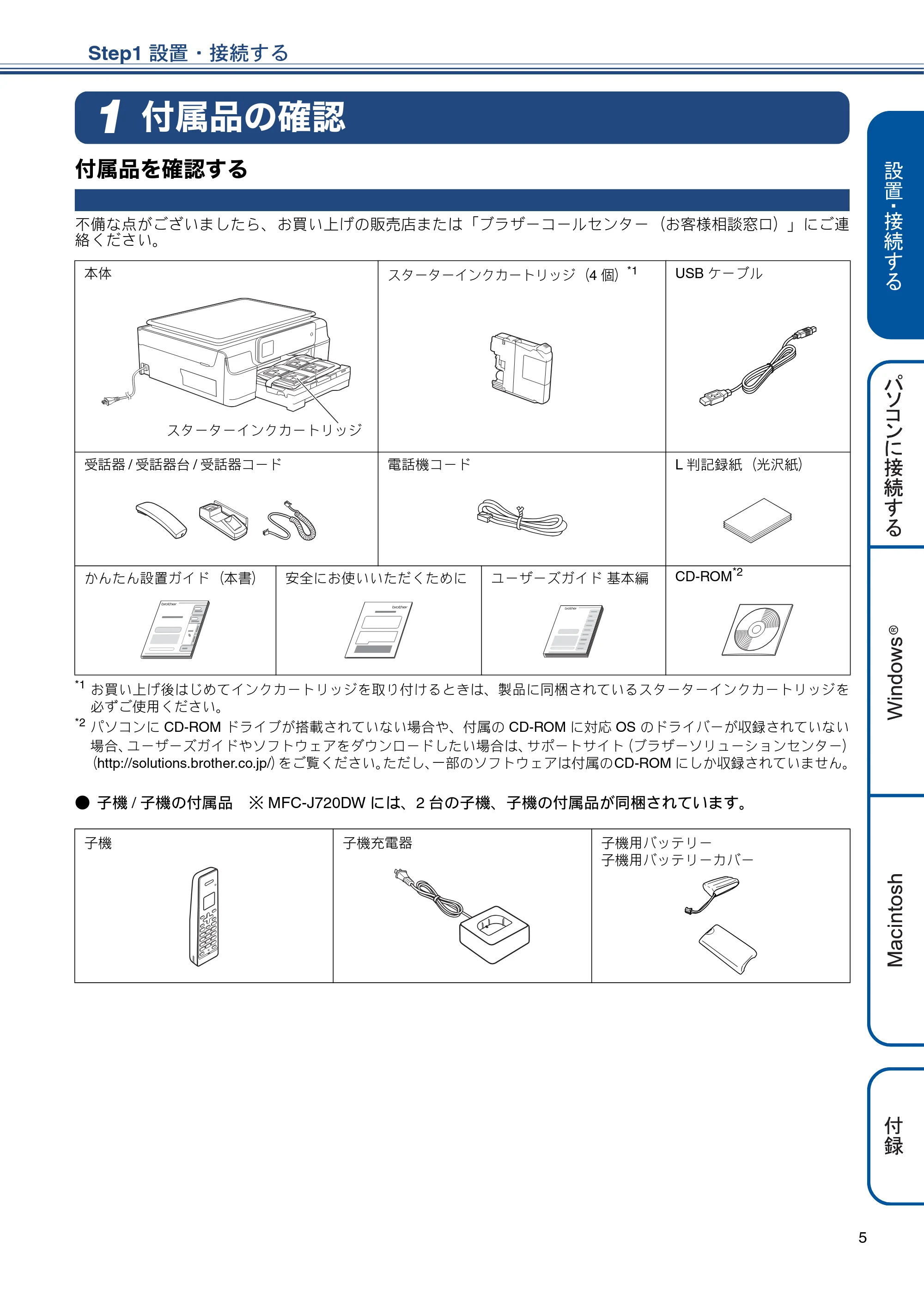 ブラザー MFC-J720D / MFC-J720DW かんたん設置ガイド — Step1 設置・接続する — 原本ページ — 5ページ