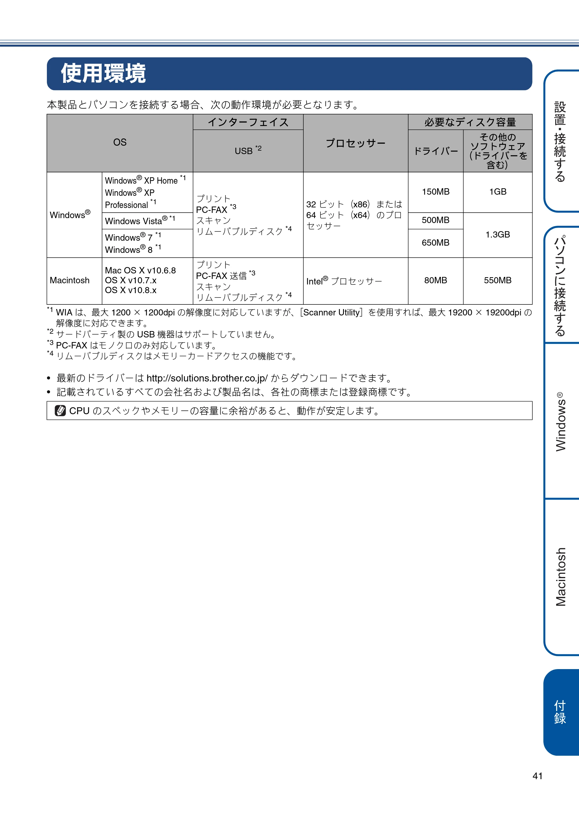 ブラザー MFC-J720D / MFC-J720DW かんたん設置ガイド — 使用環境 — 原本ページ — 41ページ